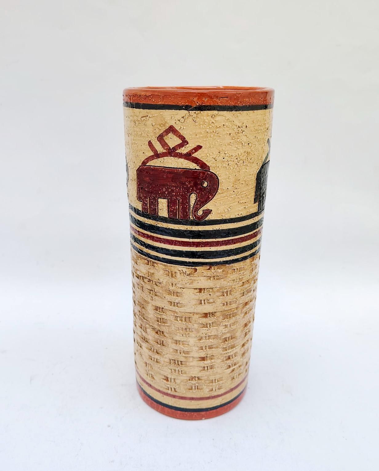 Bitossi Cylindrical Ceramic Vase With Beige And Red Elephants, Rosenthal Netter, Vintage, 1970s photo furniture