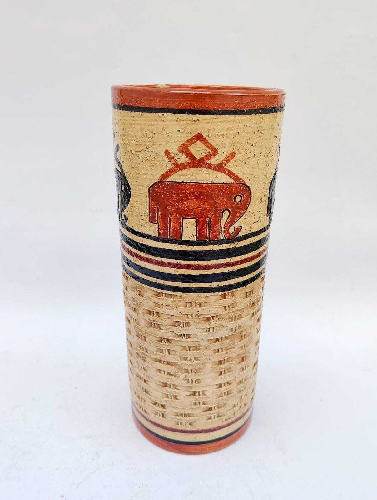 Bitossi Cylindrical Ceramic Vase With Beige And Red Elephants, Rosenthal Netter, Vintage, 1970s photo for sale