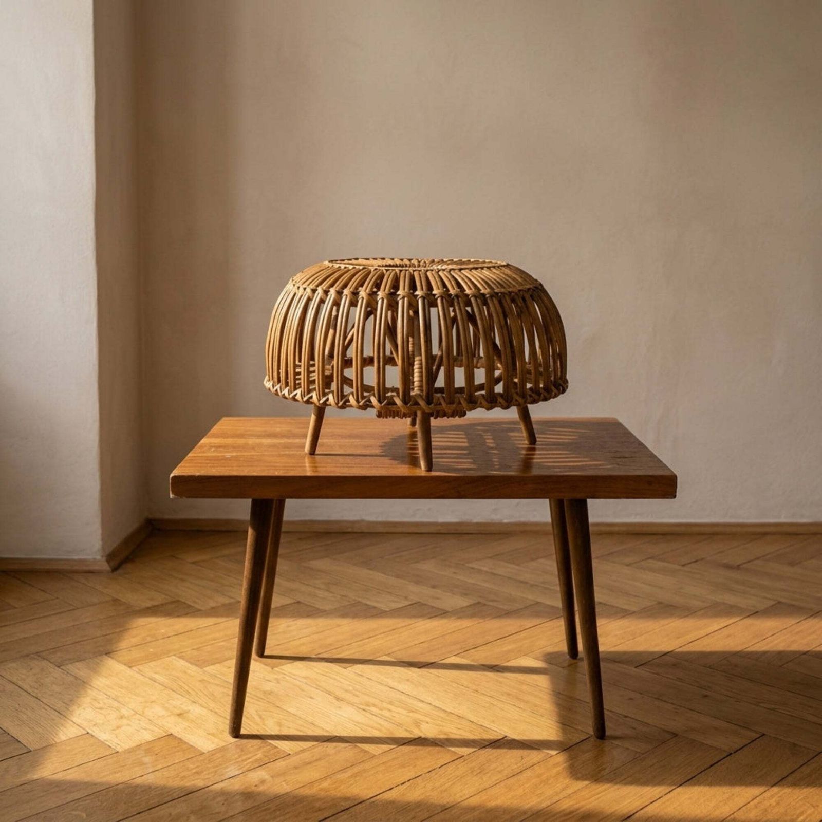 Ottoman Mid Century Woven Rattan Stool By Franco Albini, 1950s, Italy, 50 × 50 × 30 Cm
