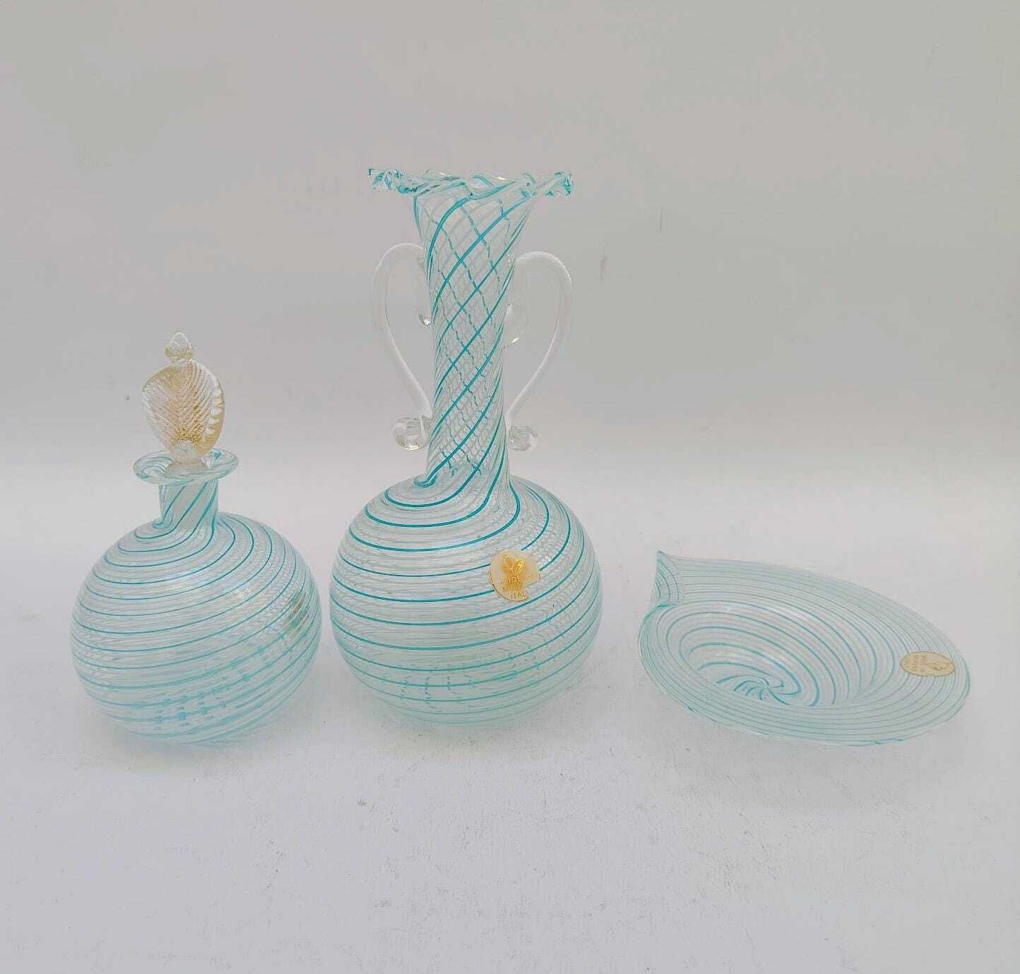 Murano glas parfumset, swirl met blauwe filigrain, vintage design, jaren 1970, vaas en schaal photo furniture