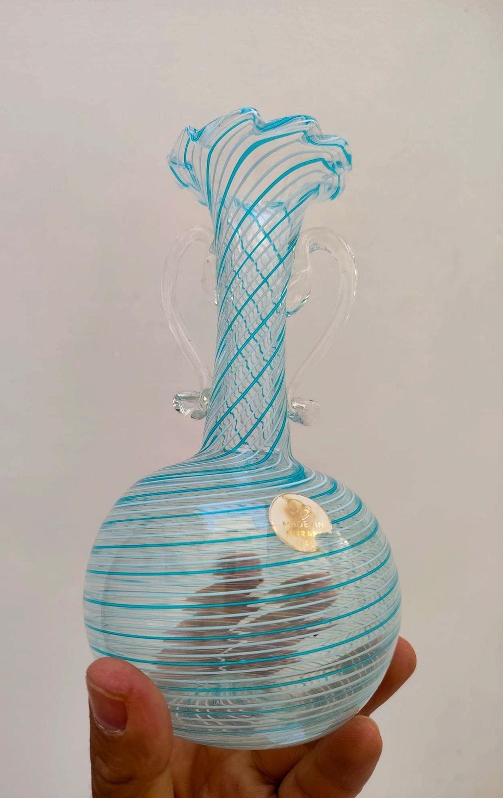 Murano glas parfumset, swirl met blauwe filigrain, vintage design, jaren 1970, vaas en schaal photo Woonaccessoires