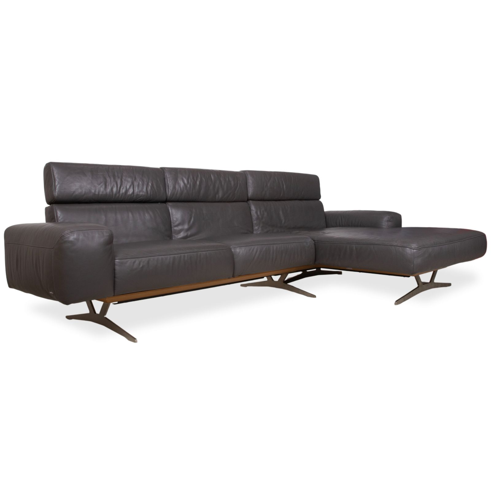 Koinor Monroe Leren Hoekbank Grijs Antraciet Hout Bruin Chaise Lounge Rechts Manuele Functie