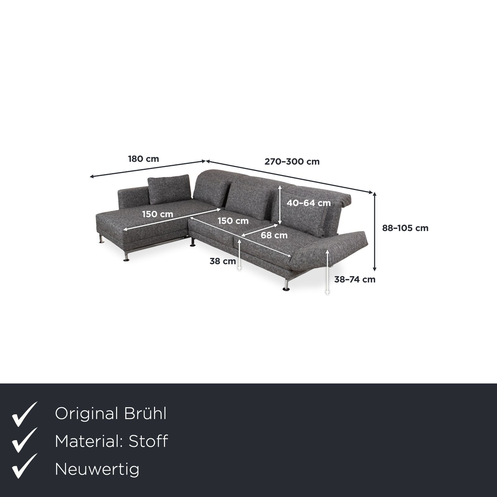 Brühl Moule Stof Hoekbank, Grijs, Manuele Functie, Chaise Longue Links, Opnieuw Bekleed Jab1040 photo furniture