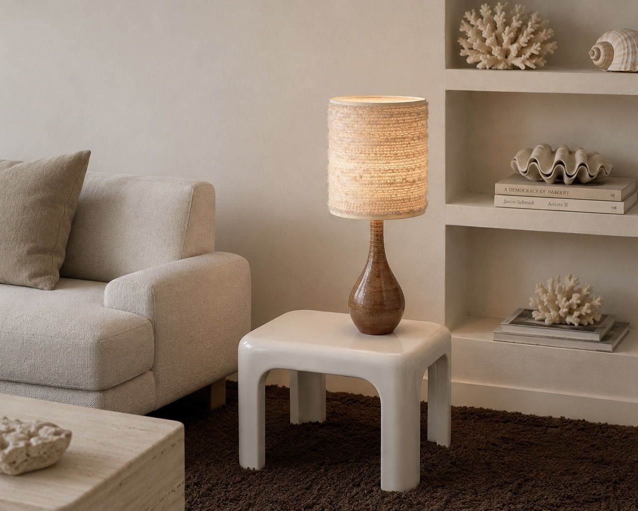 photo furniture Huge Ceramic Table Lamp, Wool Shade, 1960s / Boho Chic, Folk, Country, Brown, Potter
