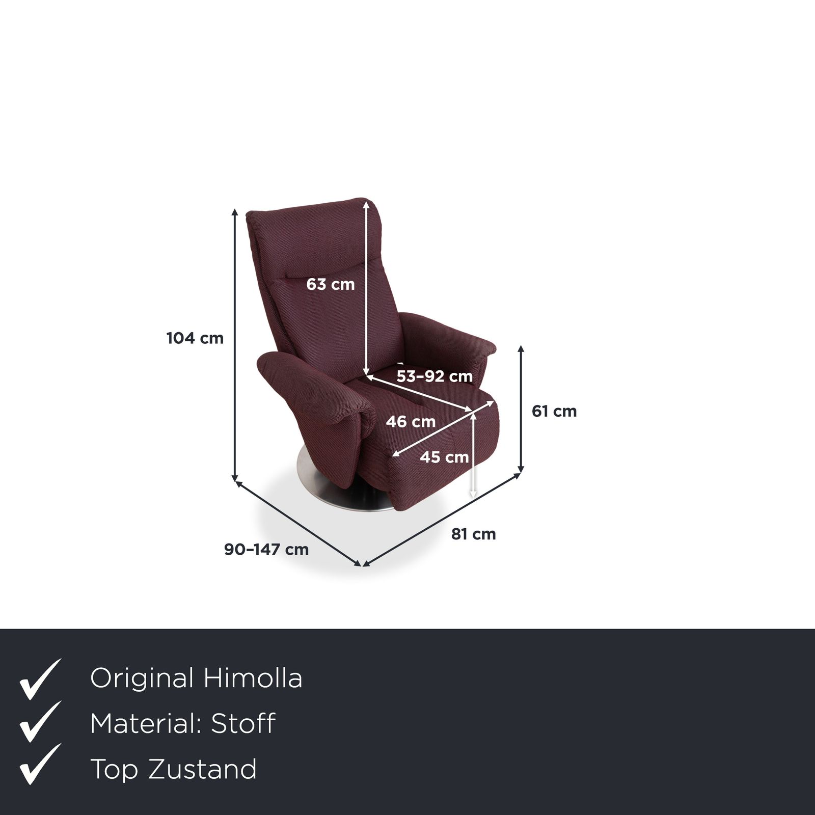 Fauteuil Himolla Alan en tissu Palermo, rouge aubergine, fonction relax manuelle photo furniture