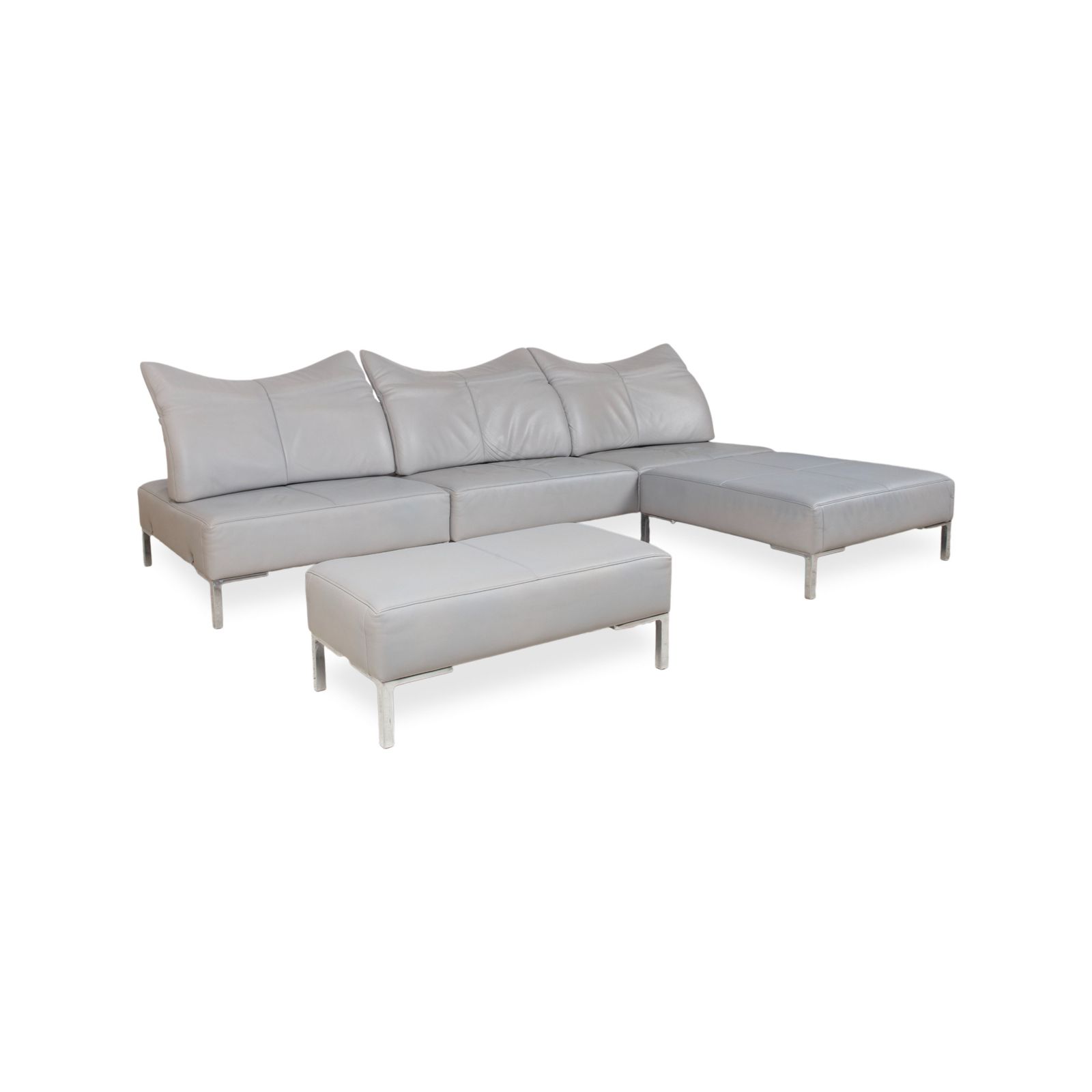 Canapé 3 places et 2 tabourets De Sede DS-112 en cuir gris, fonction manuelle