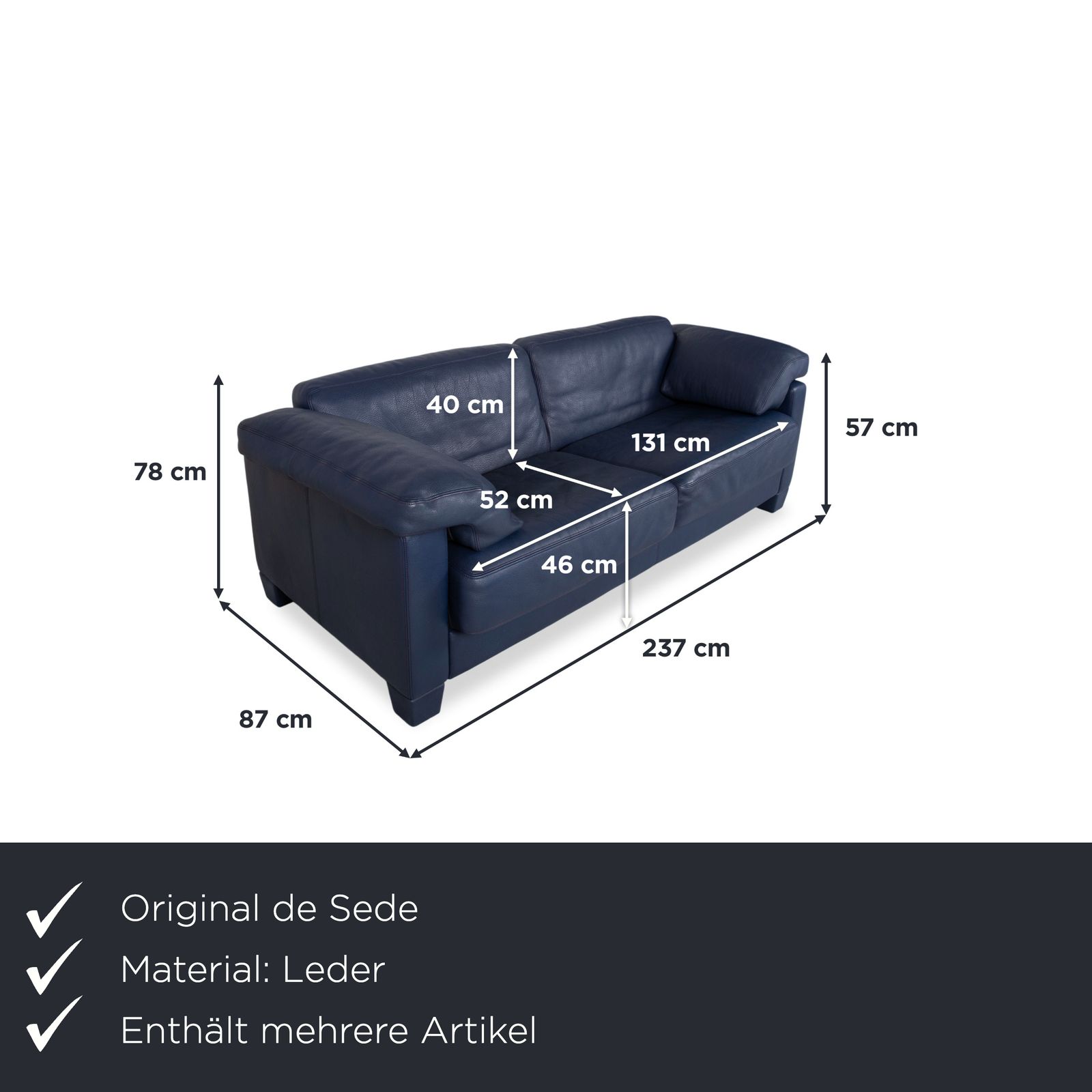 De Sede DS-17, canapé 3 places en cuir bleu marine, lot de 2 photo furniture