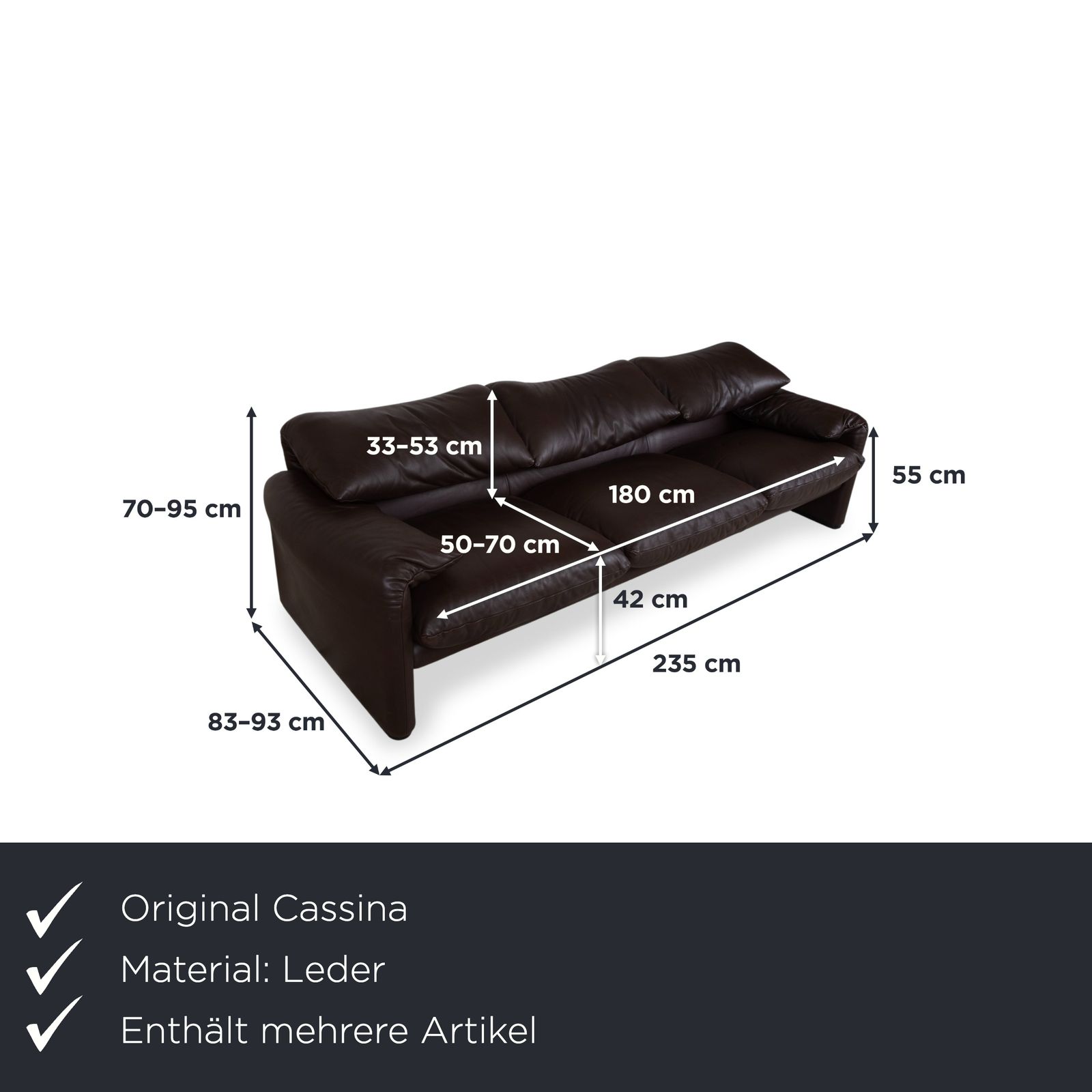 Ensemble de canapés Cassina Maralunga 3 places en cuir brun espresso, fonction manuelle photo furniture
