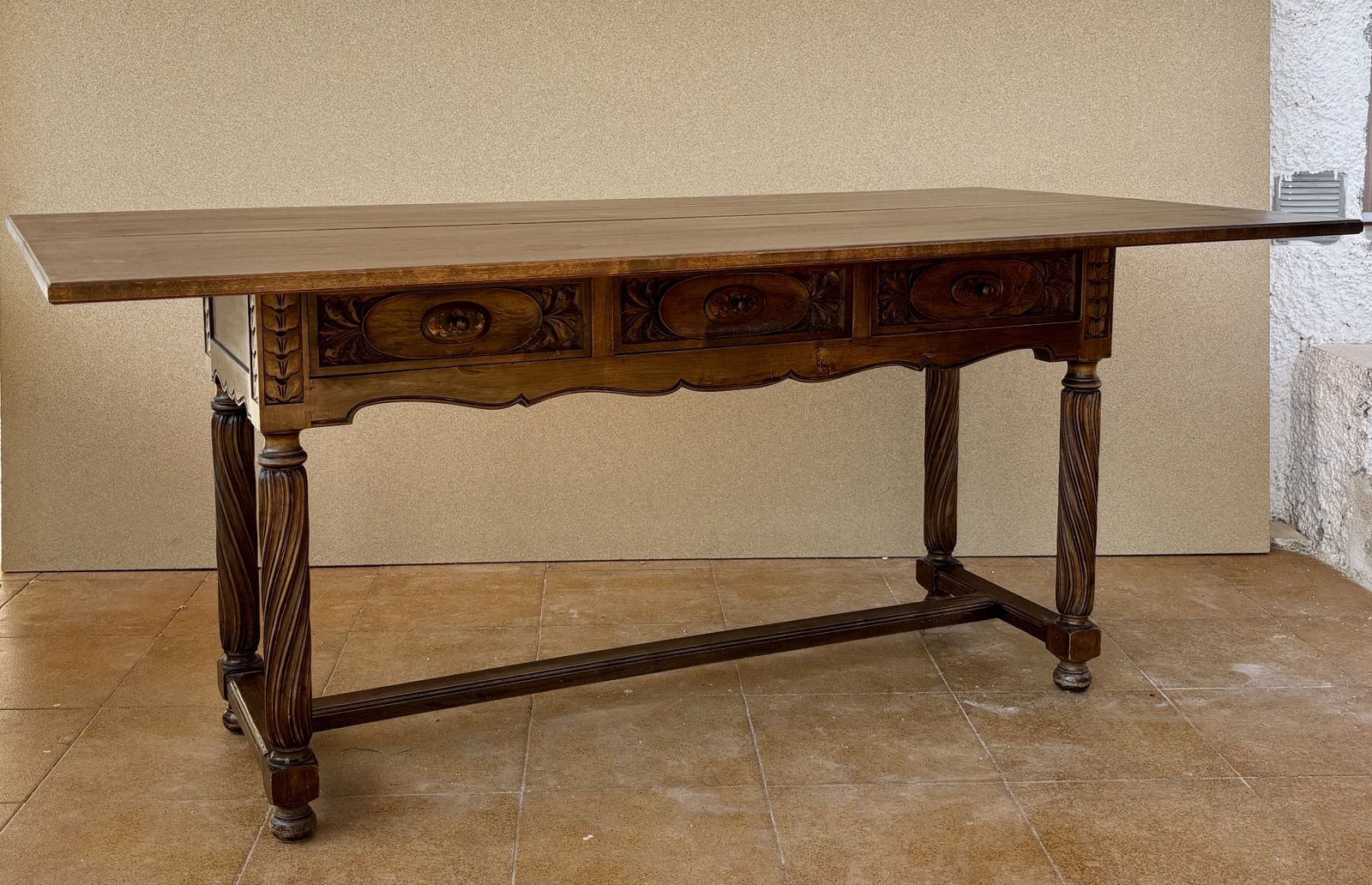 Spanish Walnut Drop Leaf Table With Three Drawers, 1930s photo vinterior