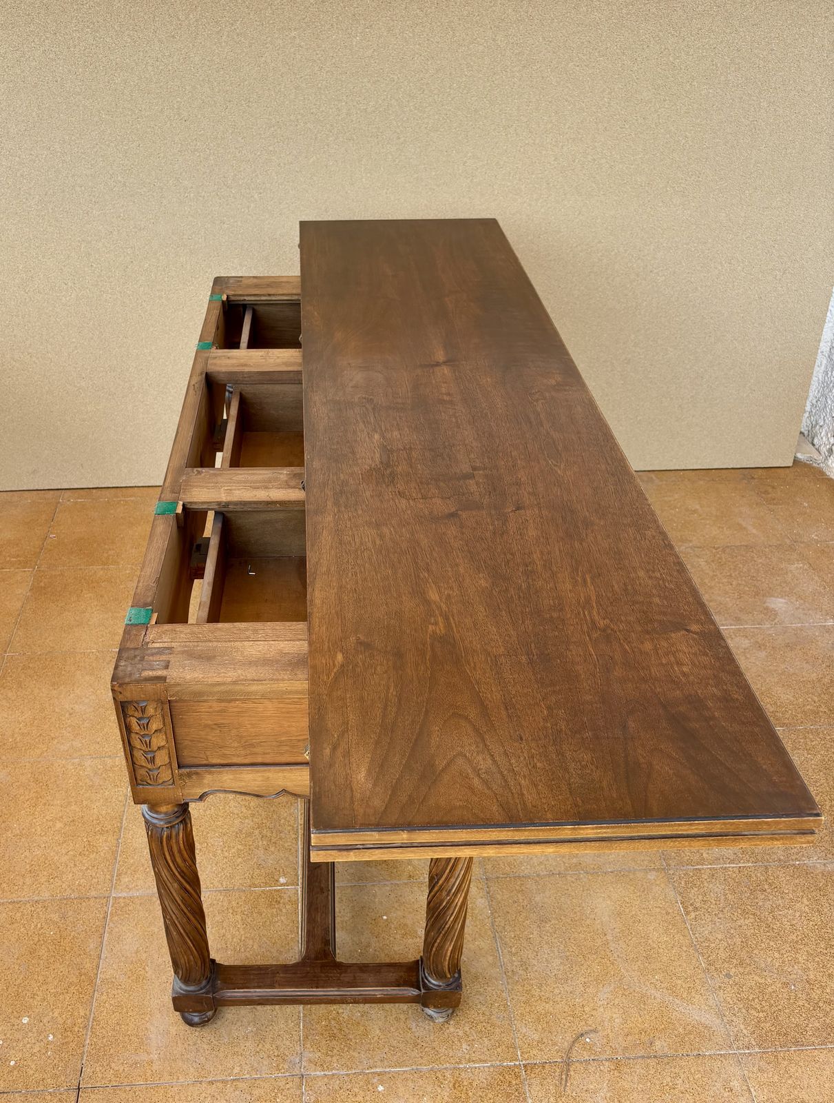 Furniture Spanish Walnut Drop Leaf Table With Three Drawers, 1930s photo