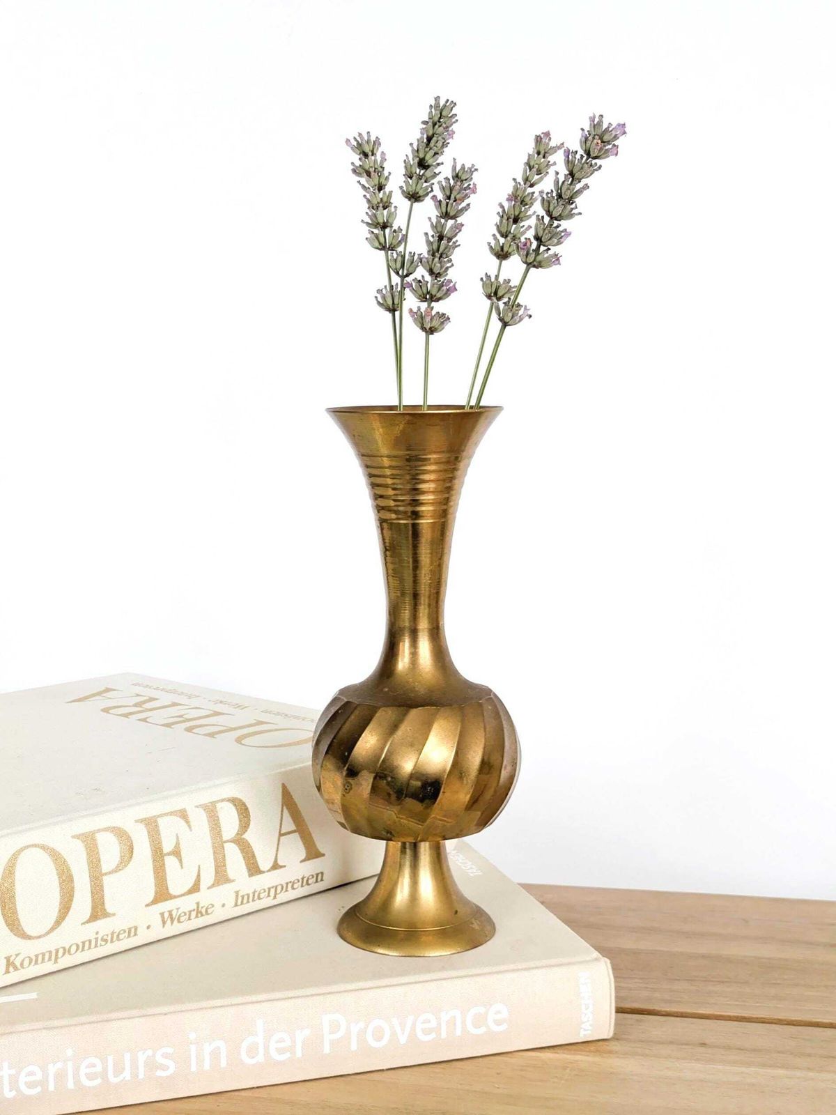 Home Decor Vintage Brass Trumpet Shaped Pedestal Vase With Ribbed And Swirl Details Mcm Centerpiece photo