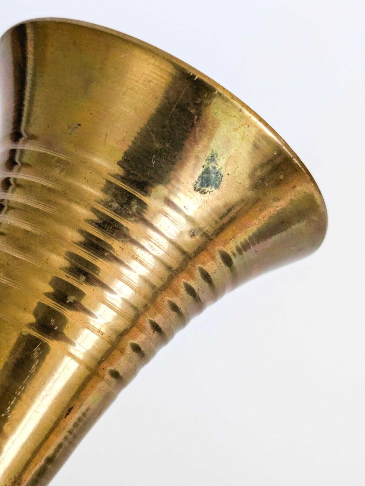 photo buy Vintage Brass Trumpet Shaped Pedestal Vase With Ribbed And Swirl Details Mcm Centerpiece