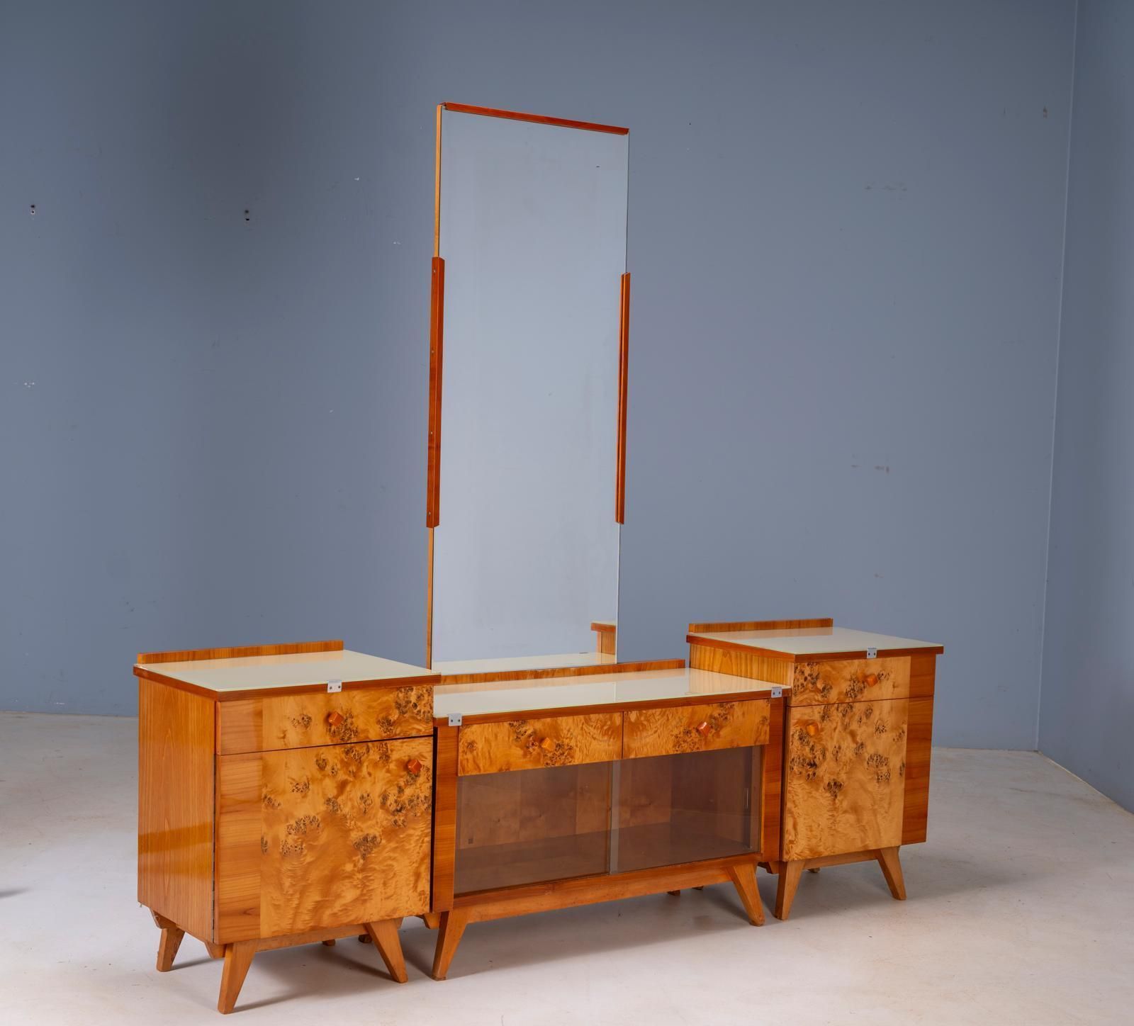 Vintage Dressing Table With Burl Veneer, Large Mirror And Storage Cabinets, Mid 20th Century, Czechoslovak, 38 X 82 X 53 Cm photo vinterior