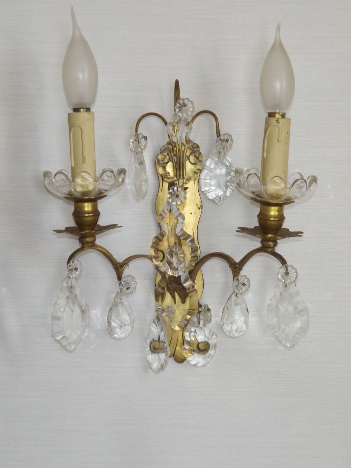 photo furniture Pair Of French Vintage Double Brass & Glass Wall Lights Adorned With Crystals