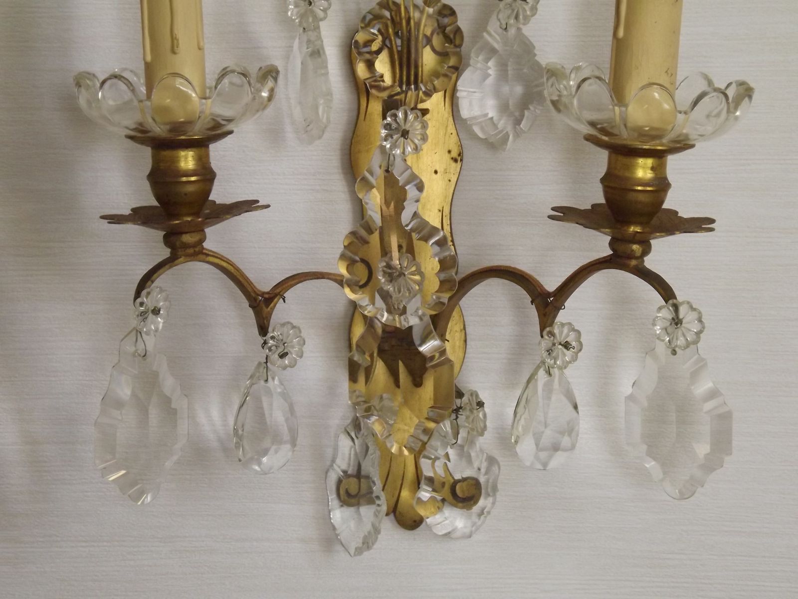 Lighting Pair Of French Vintage Double Brass & Glass Wall Lights Adorned With Crystals photo