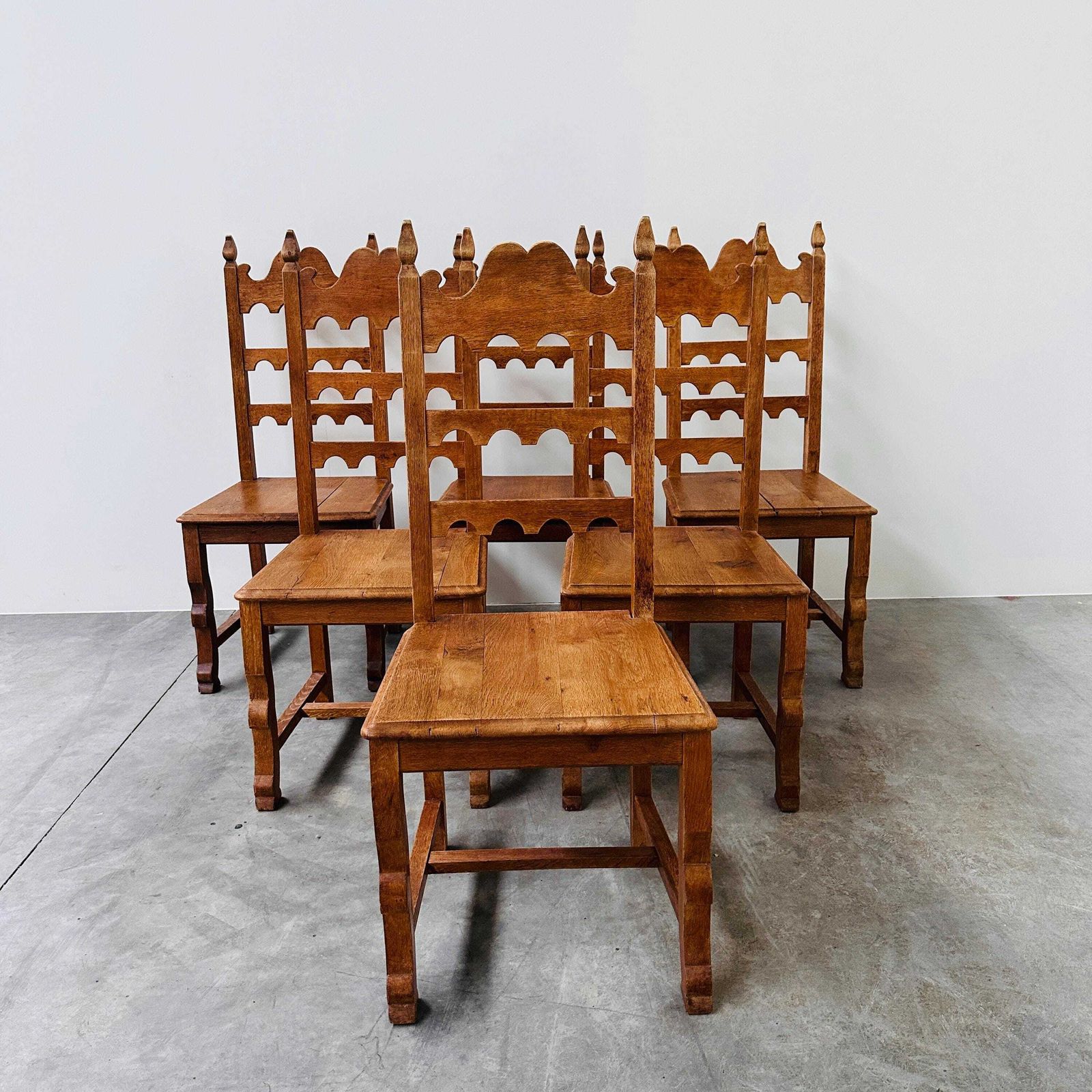Furniture Set Of 6 Vintage Solid Oak High Back Dining Chairs – Rustic European / Spanish Revival Style photo