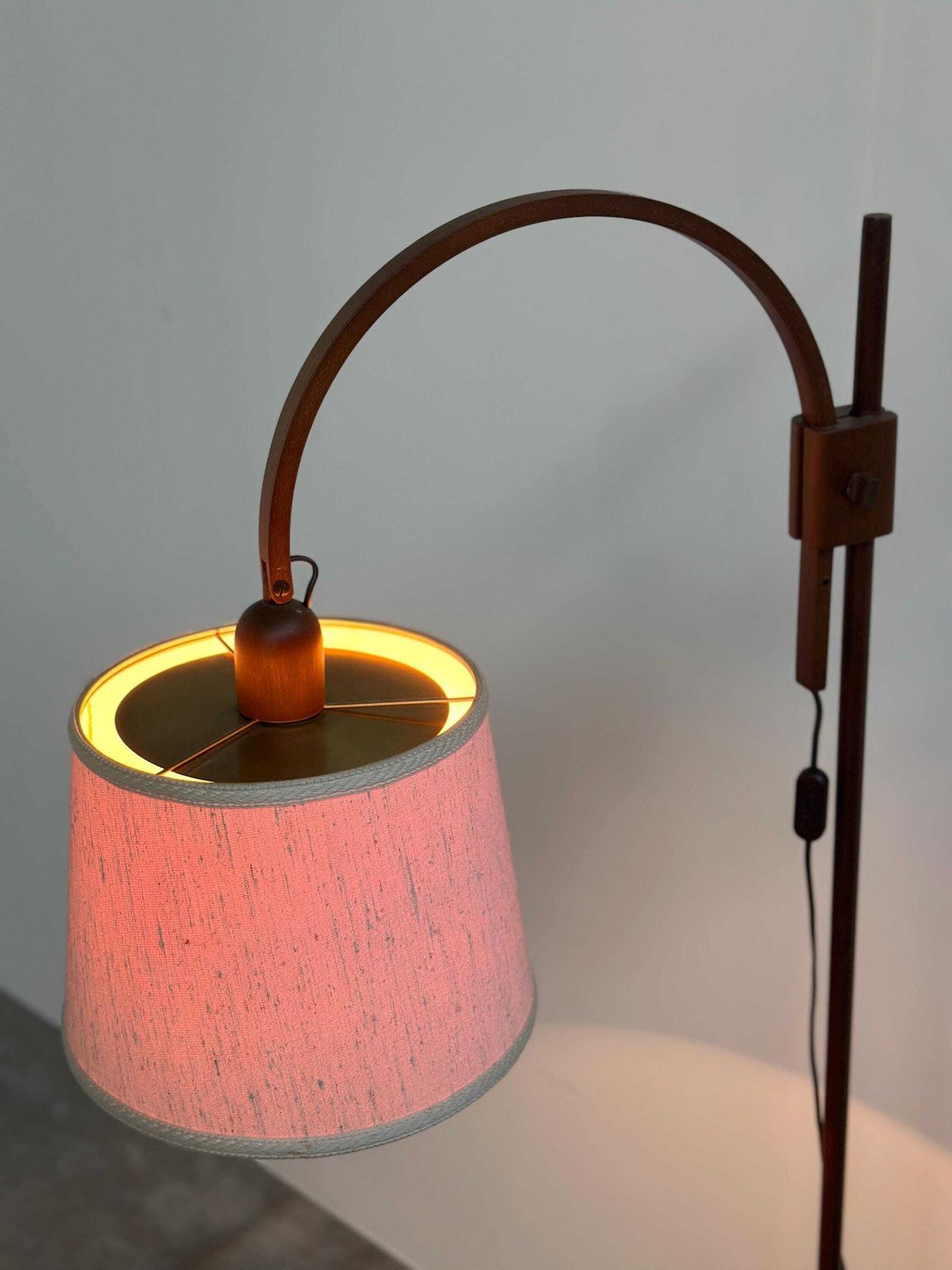 Mid Century Modern Adjustable Teak Arc Floor Lamp With Fabric Shade, 1960s photo furniture