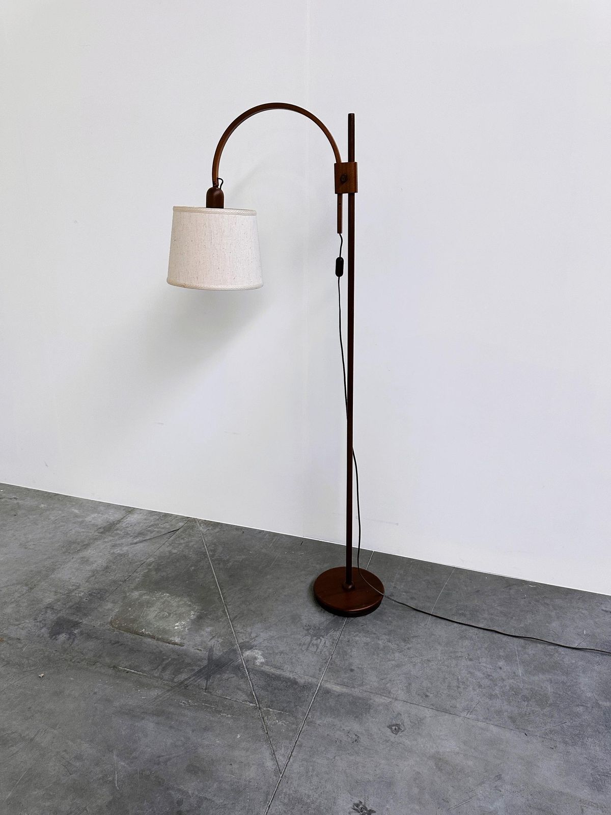 Mid Century Modern Adjustable Teak Arc Floor Lamp With Fabric Shade, 1960s photo for sale