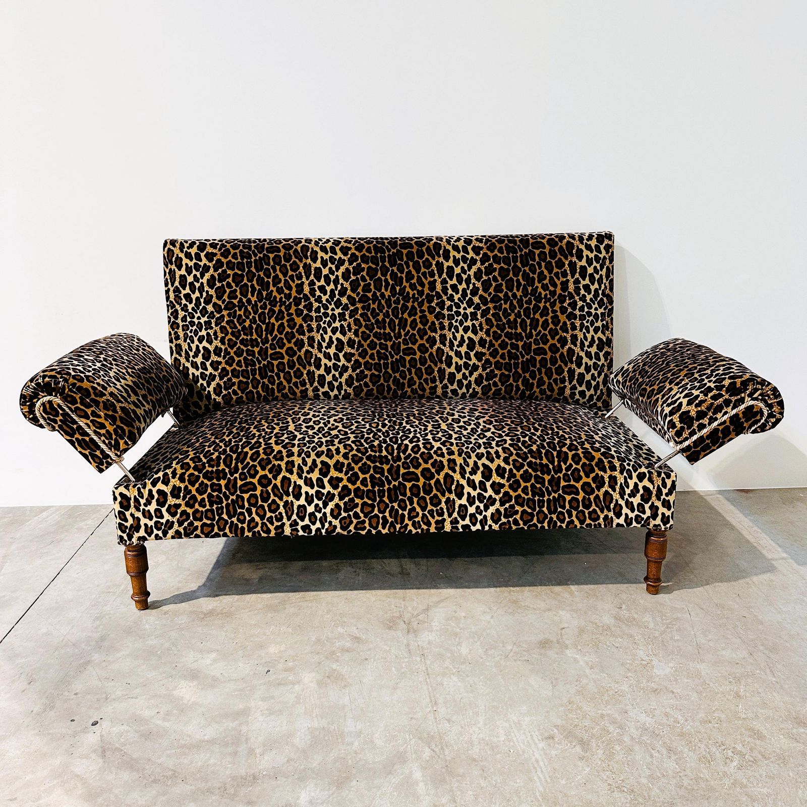 Vintage Leopard Velvet Sofa / Wall Sofa With Drop Down Arms, France. photo for sale