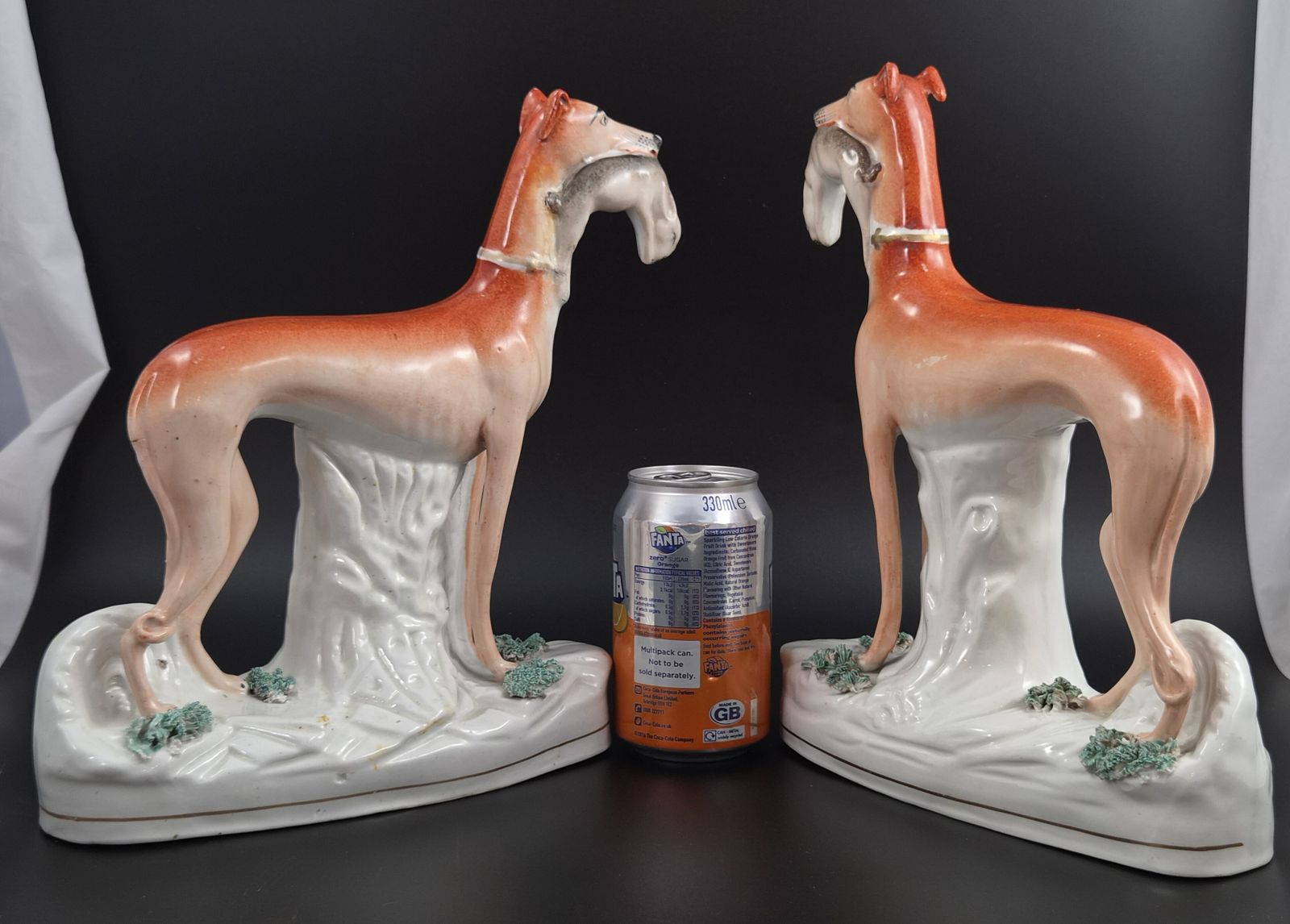 photo vintage Pair Large Victorian Staffordshire Greyhounds With Hares, England C.1850