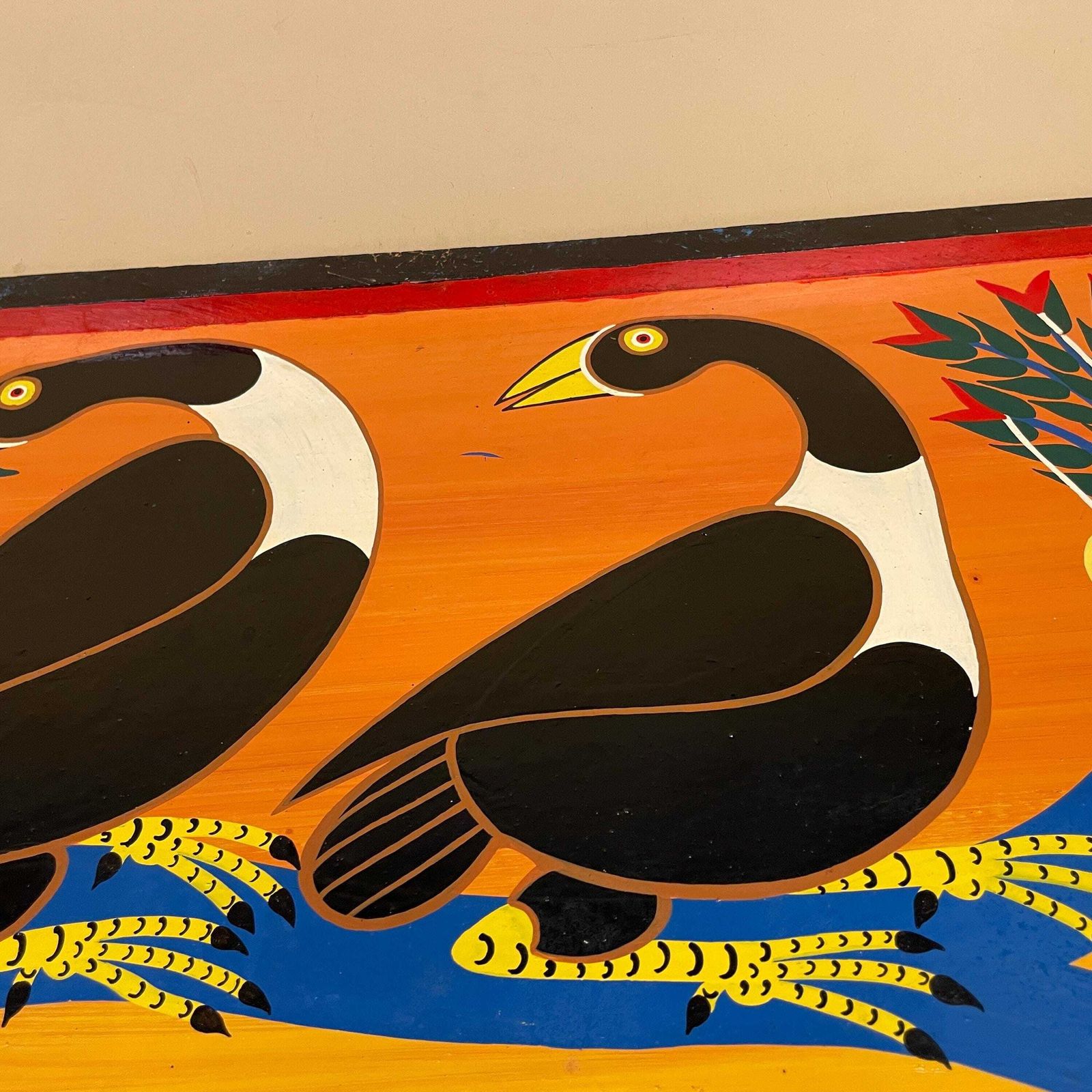 Vintage Tingatinga African Board Painting, Hand Painted Birds In Mango Tree, Signed O A Ally Tanzanian Folk Art, Framed Enamel Artwork photo vinterior