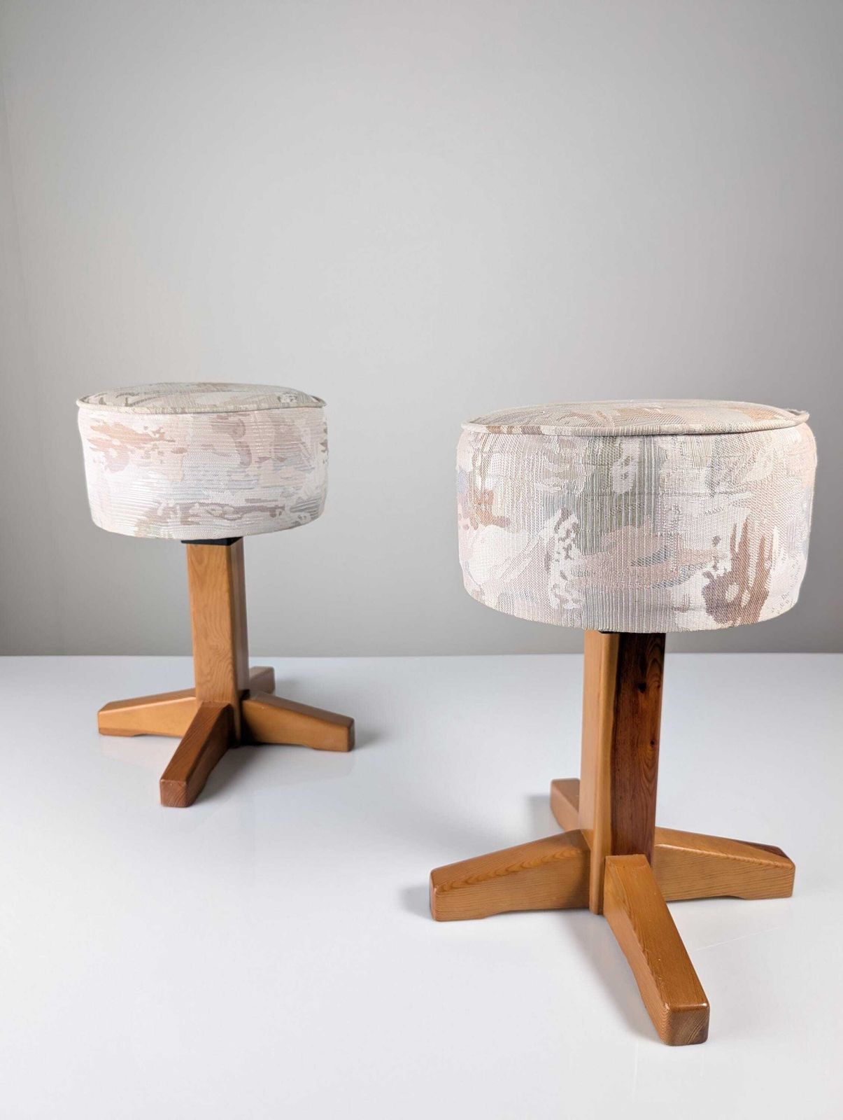 Pair Of Scandinavian Modern Pine And Fabric Stools, 1980s