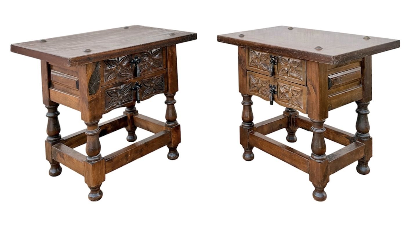 Pair Of Spanish Carved Wood Bedside Tables With Floral Drawers, Mid 20th Century