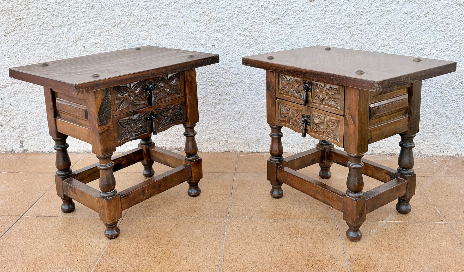 Pair Of Spanish Carved Wood Bedside Tables With Floral Drawers, Mid 20th Century photo Furniture