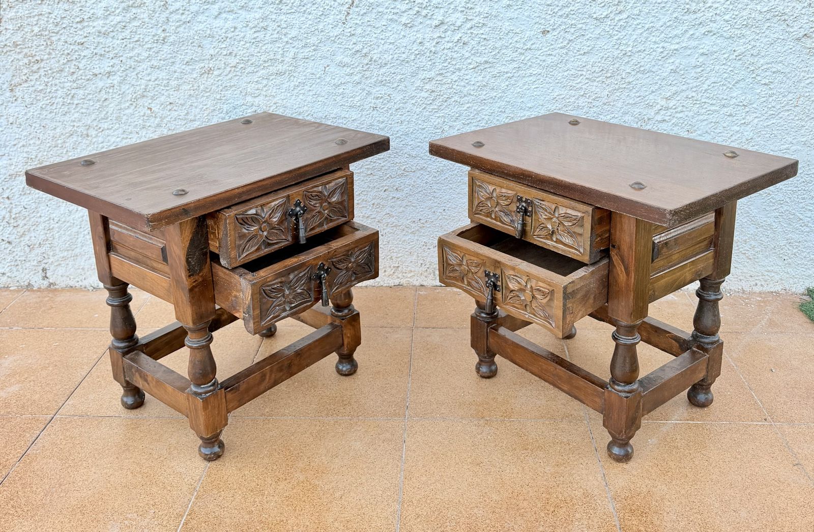 Pair Of Spanish Carved Wood Bedside Tables With Floral Drawers, Mid 20th Century photo buy