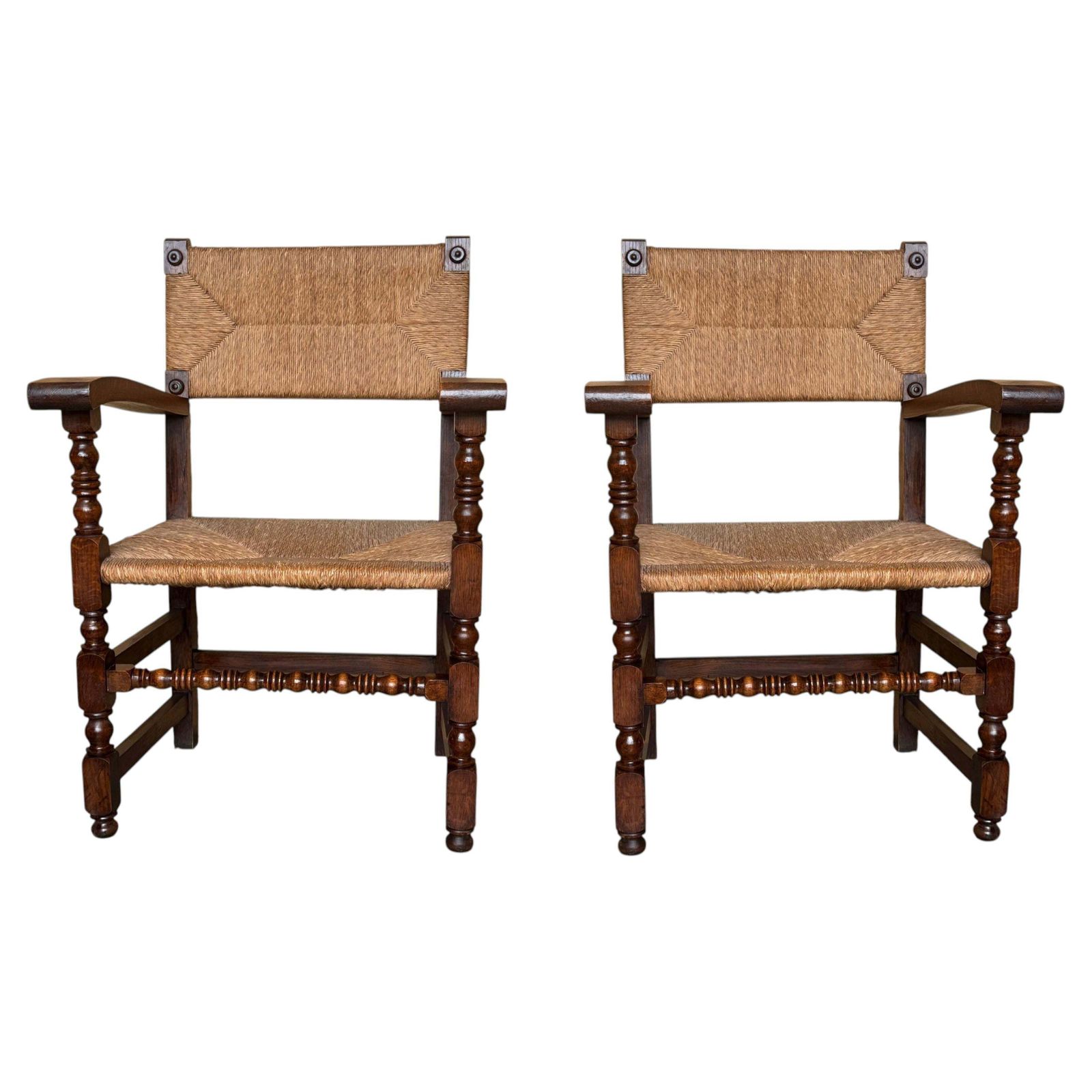 Paire de fauteuils vintage espagnols en bois tourné et jonc tissé main