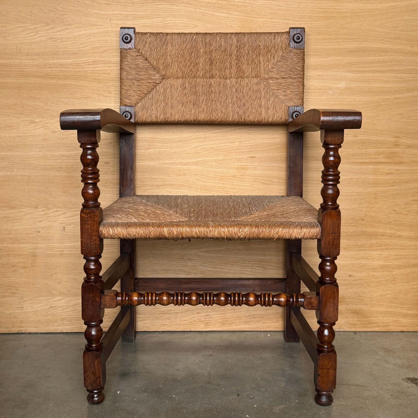 Pair Of Vintage Spanish Turned Wood And Handwoven Rush Armchairs photo for sale