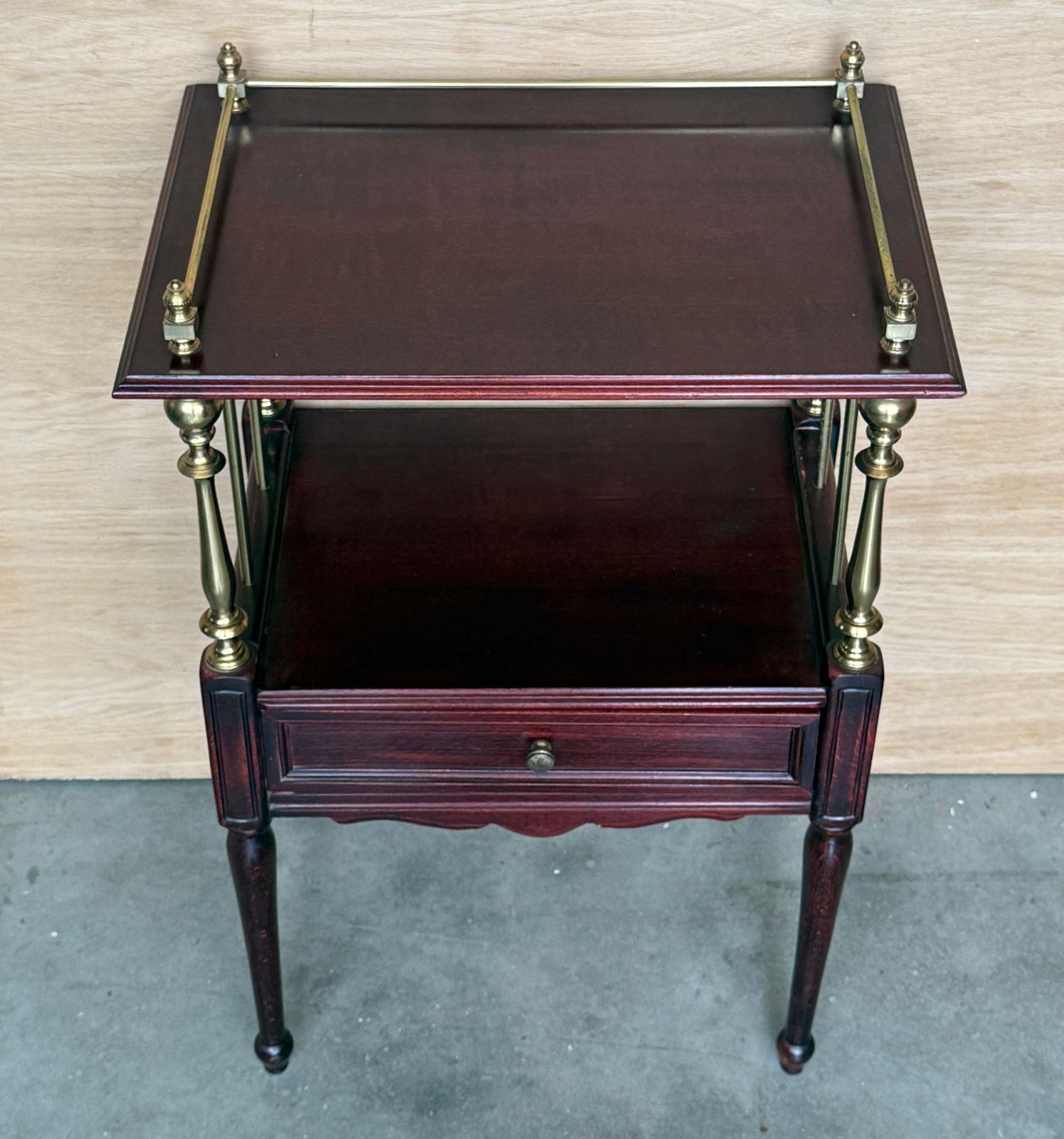 Furniture Pair Of Vintage Mahogany And Brass Two Tier Nightstands With Drawers photo