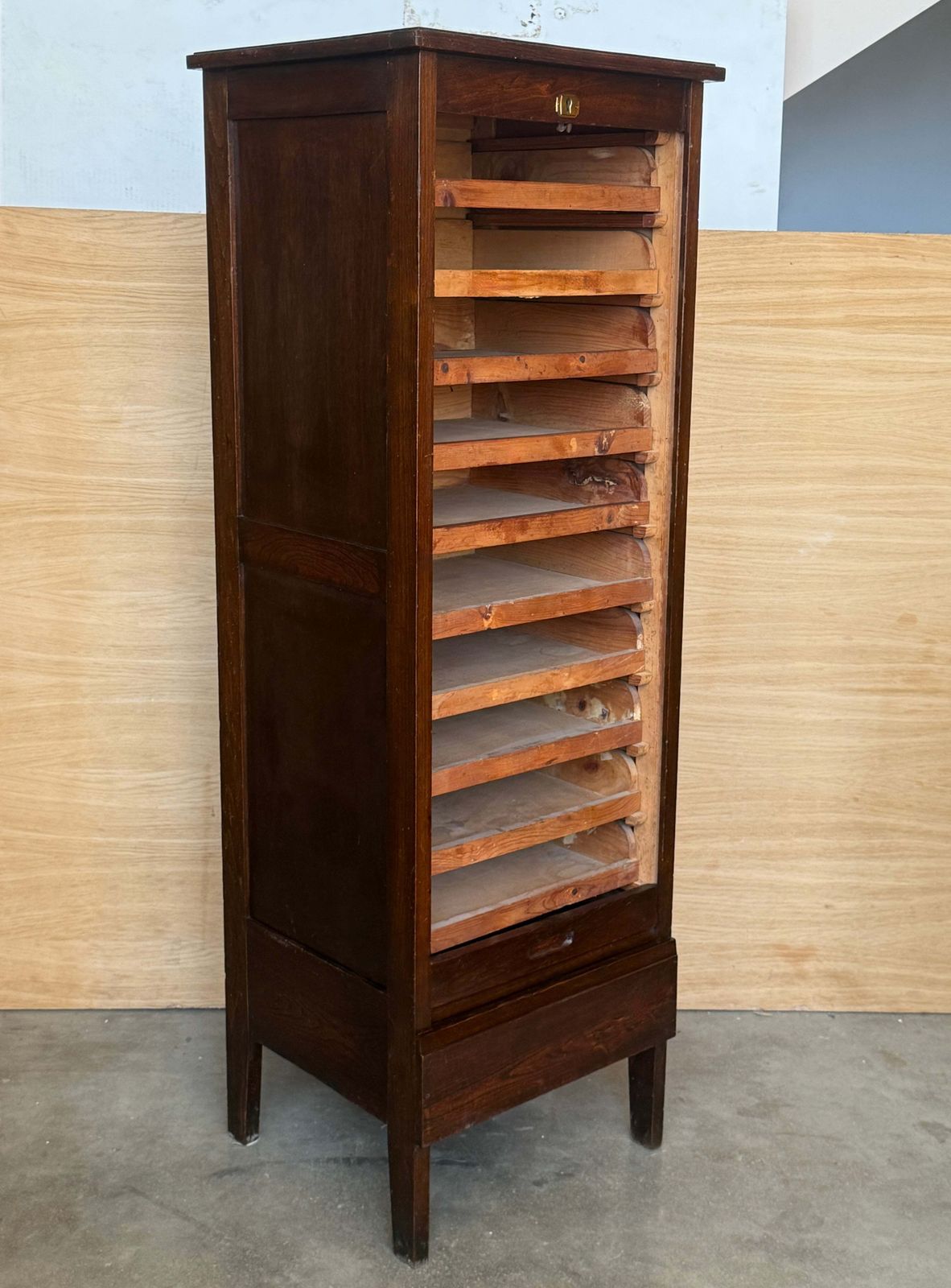 photo furniture Antique Wooden Tambour Roll Front Filing Cabinet With Pull Out Document Trays