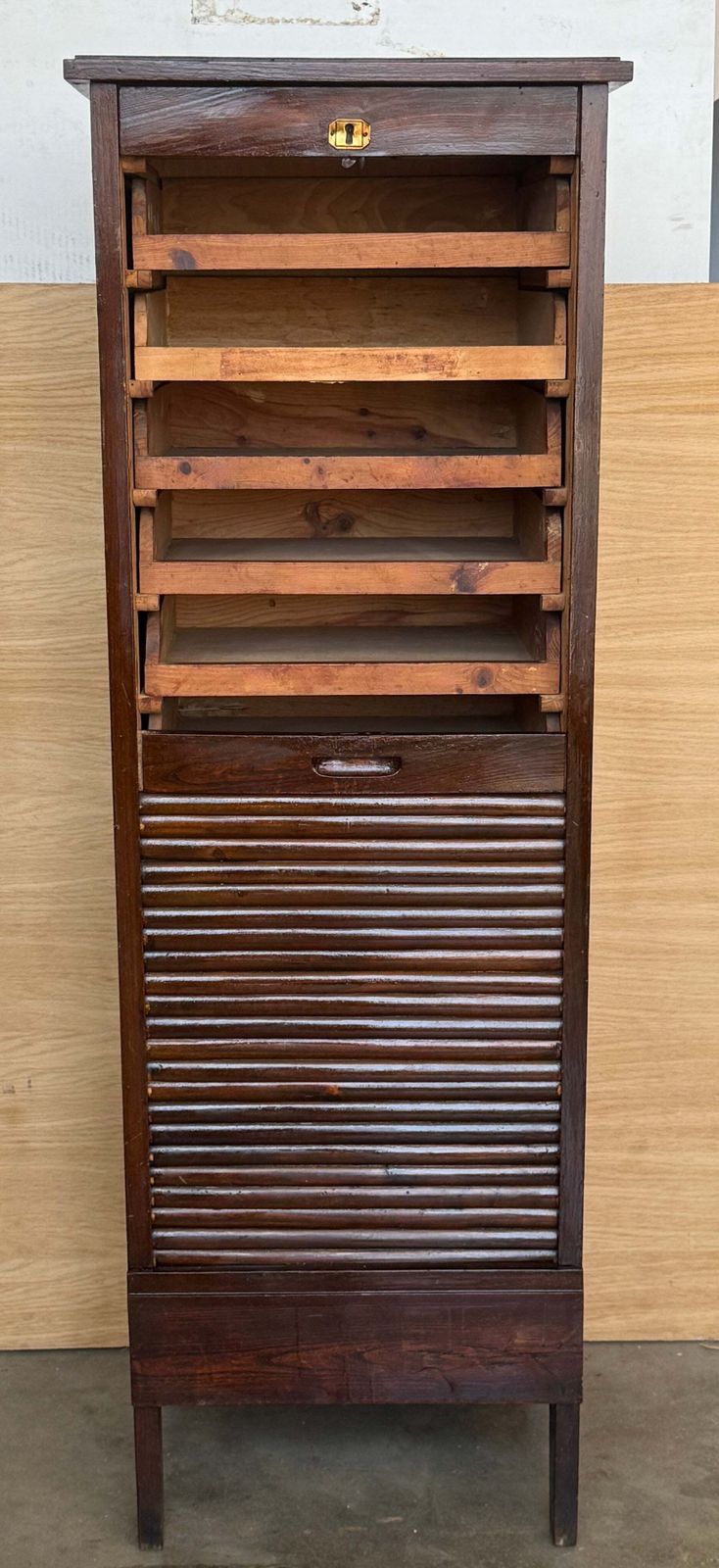 Furniture Antique Wooden Tambour Roll Front Filing Cabinet With Pull Out Document Trays photo