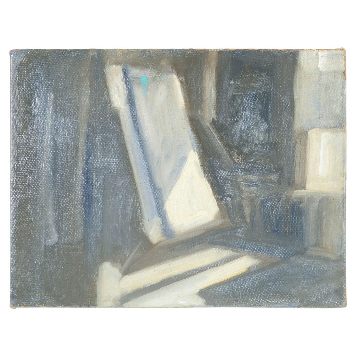 Robert Ladou, artiste français. Huile sur toile. Vue intérieure moderniste. Milieu du XXe siècle.