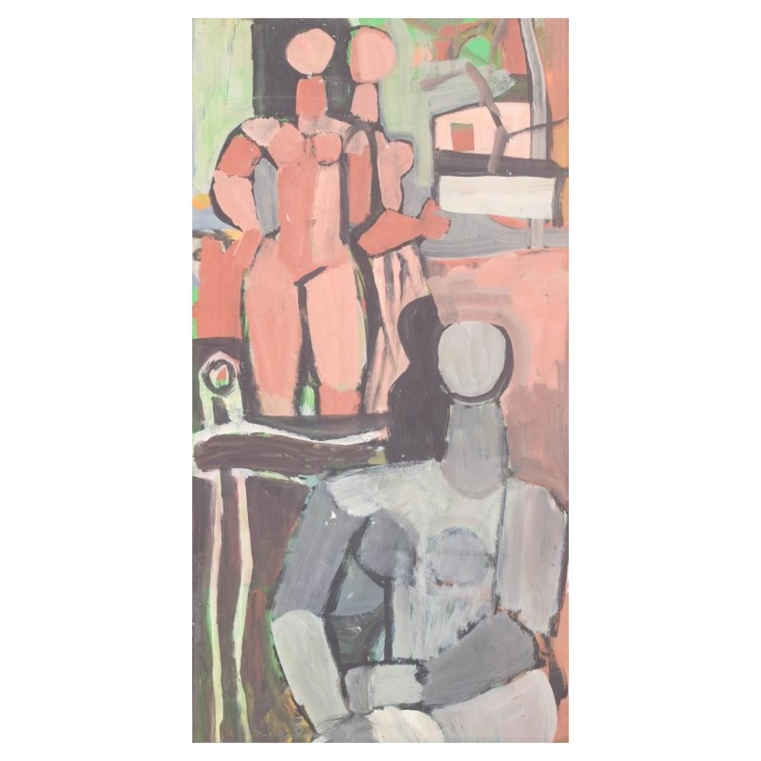 Nils Bäcklin, artiste suédois répertorié. Huile sur papier. Composition avec figures, 1955.