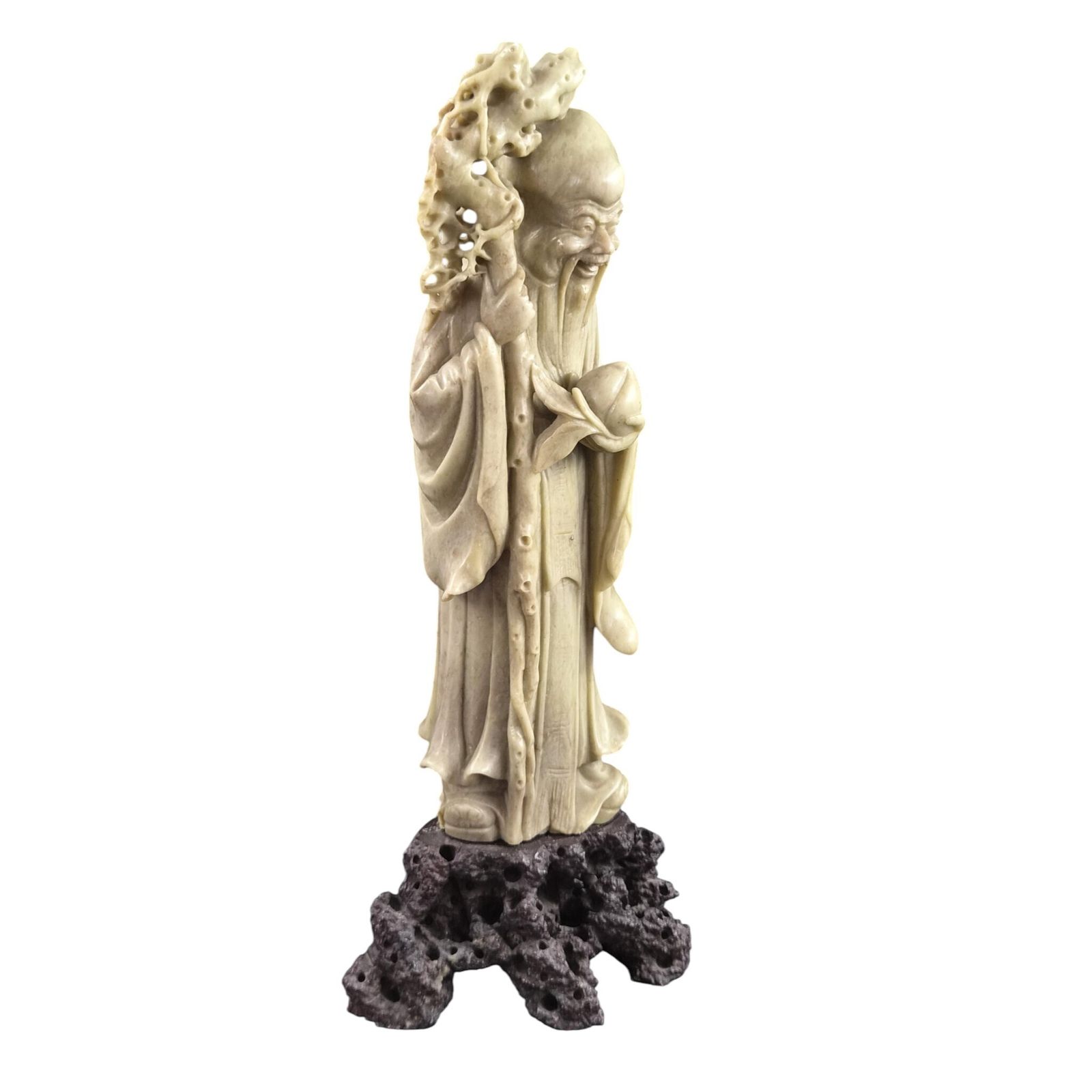 Chinees gesneden speksteen Shoulao sculptuur met stenen sokkel, ca. 1890 photo vinterior