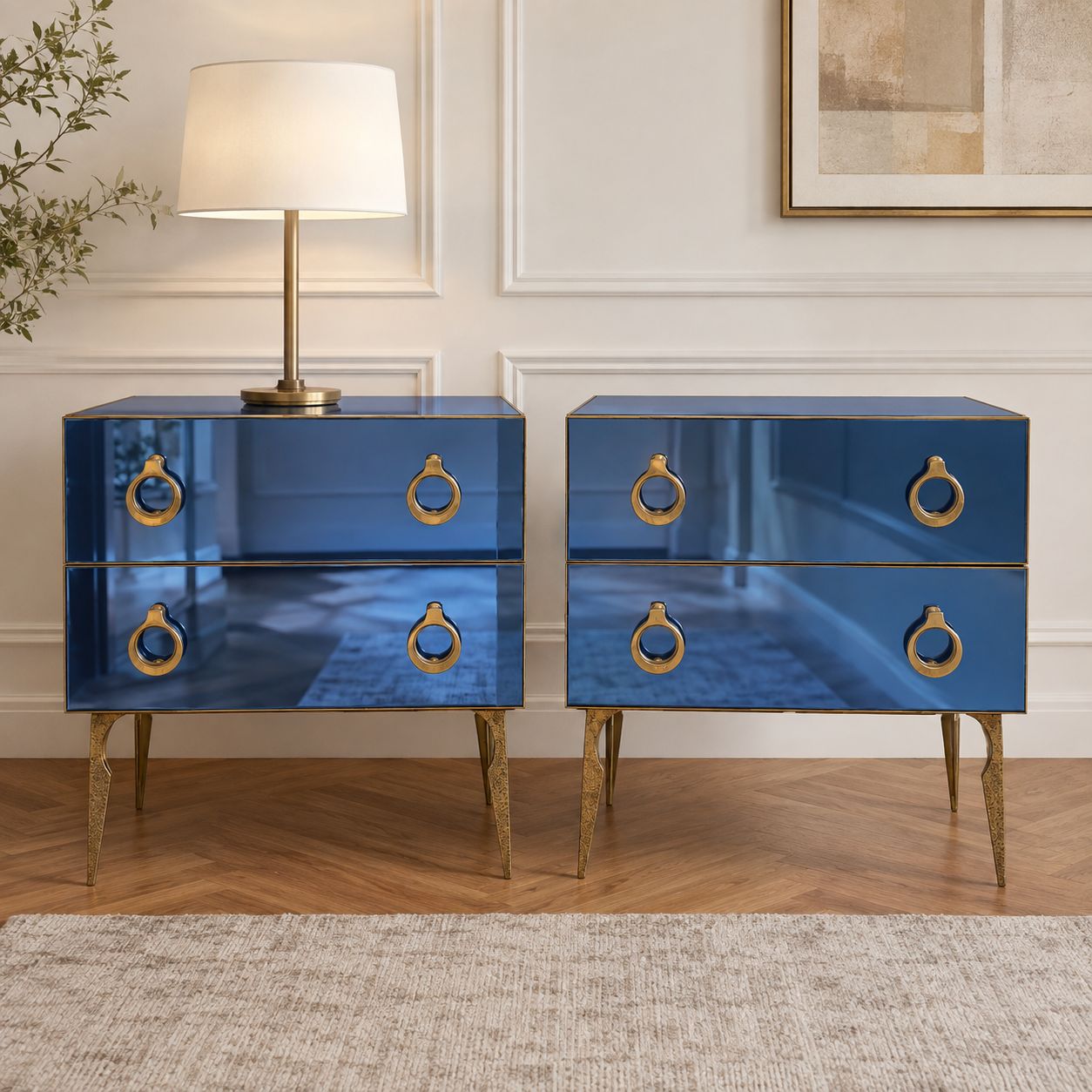 Paar blauwe gespiegelde ladekassen met messing accenten, mid-century stijl photo buy