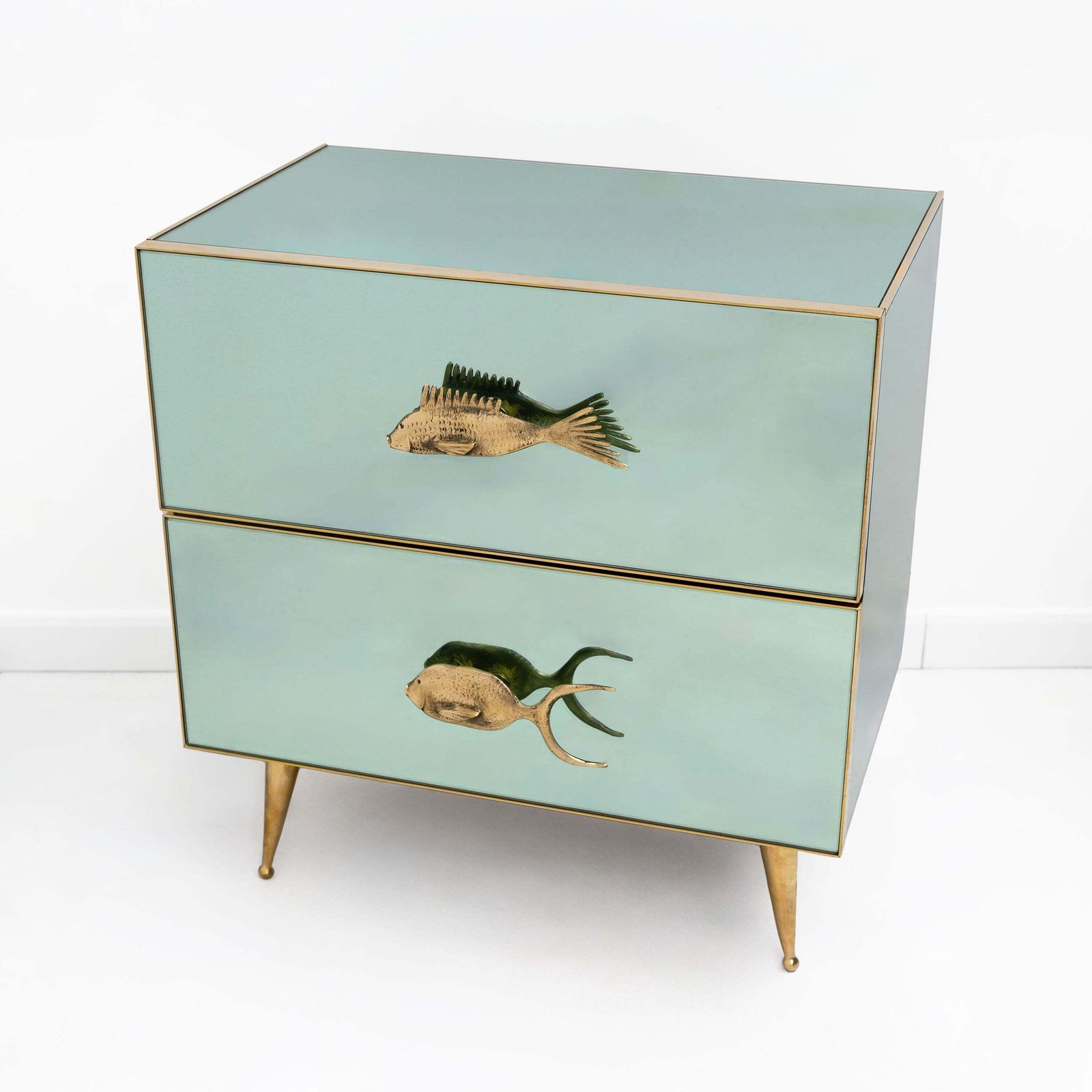 Pair Of Mid Century Aqua Green Mirrored Glass Nightstands With Brass Fish Handles photo furniture