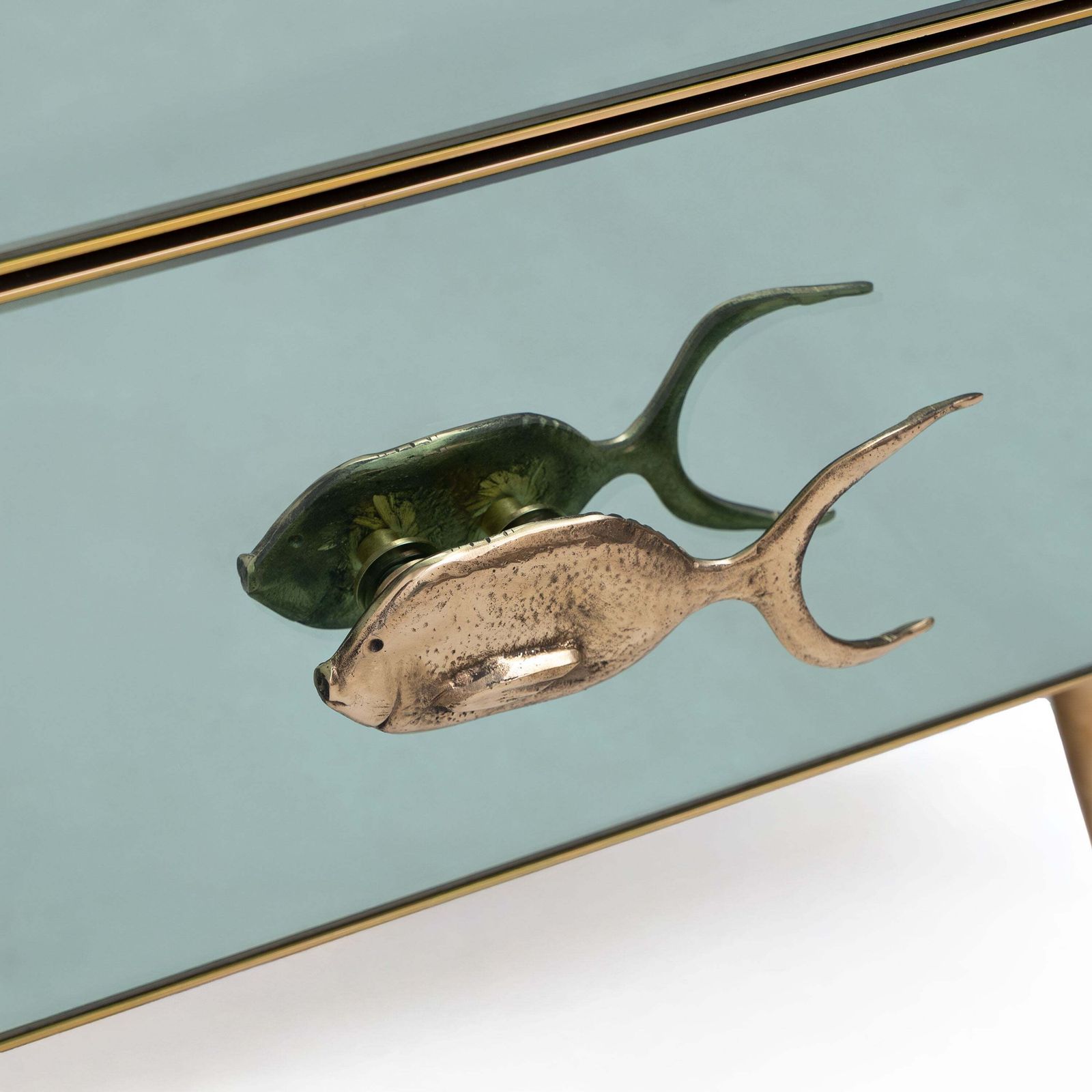 Pair Of Mid Century Aqua Green Mirrored Glass Nightstands With Brass Fish Handles photo buy