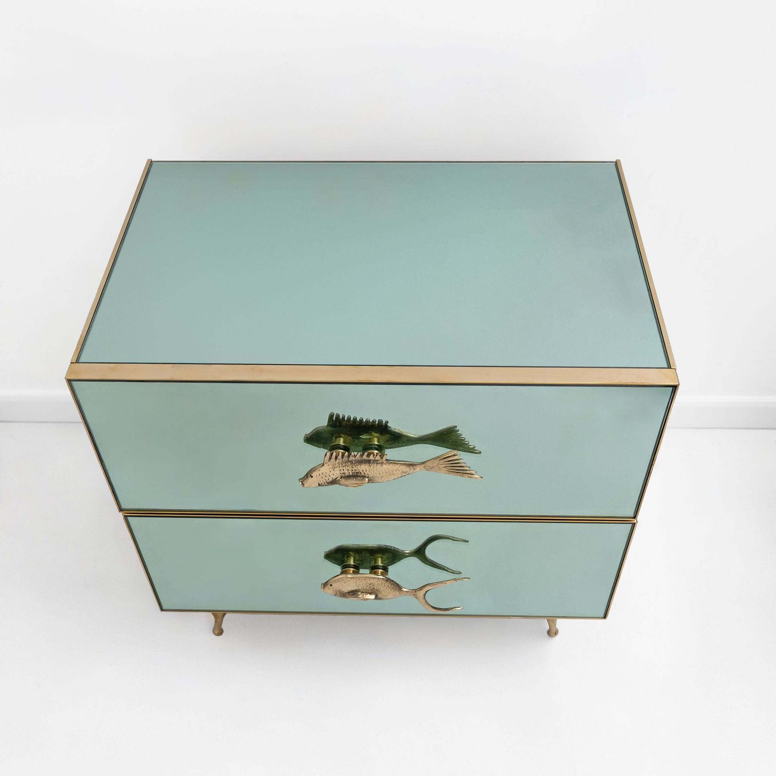 photo furniture Pair Of Mid Century Aqua Green Mirrored Glass Nightstands With Brass Fish Handles