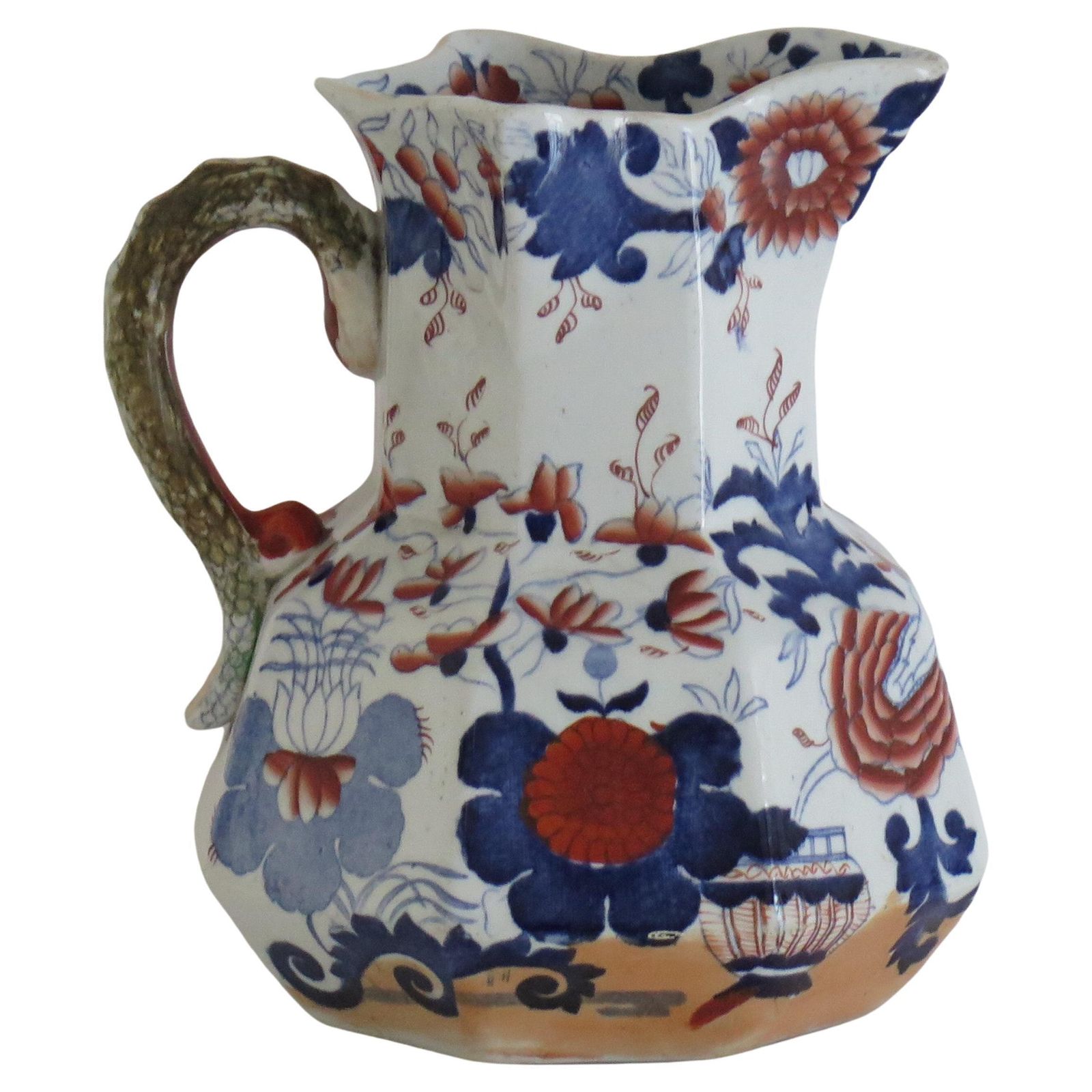 Mason's Ironstone Hydra grote kan, Basket Pattern, antieke pitcher, 1830.