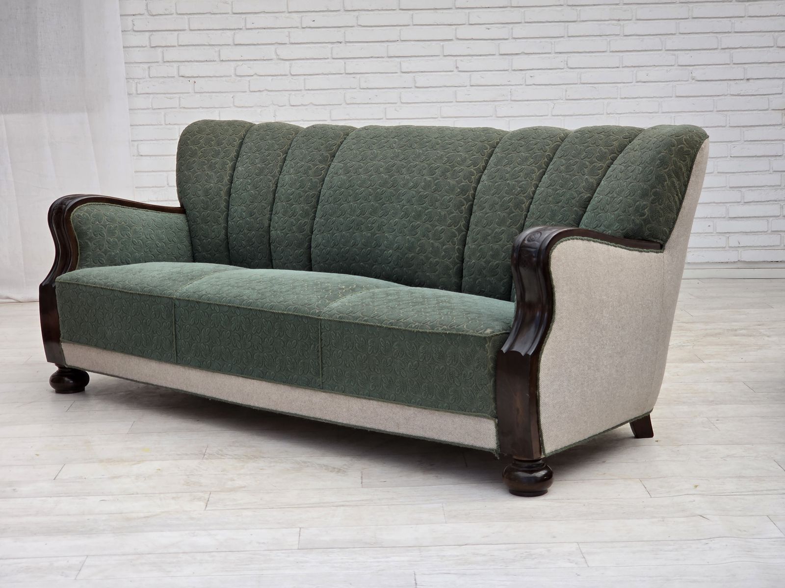 photo buy 1960s, Danish 3 Seater Sofa, Furniture Wool, Oak Wood.