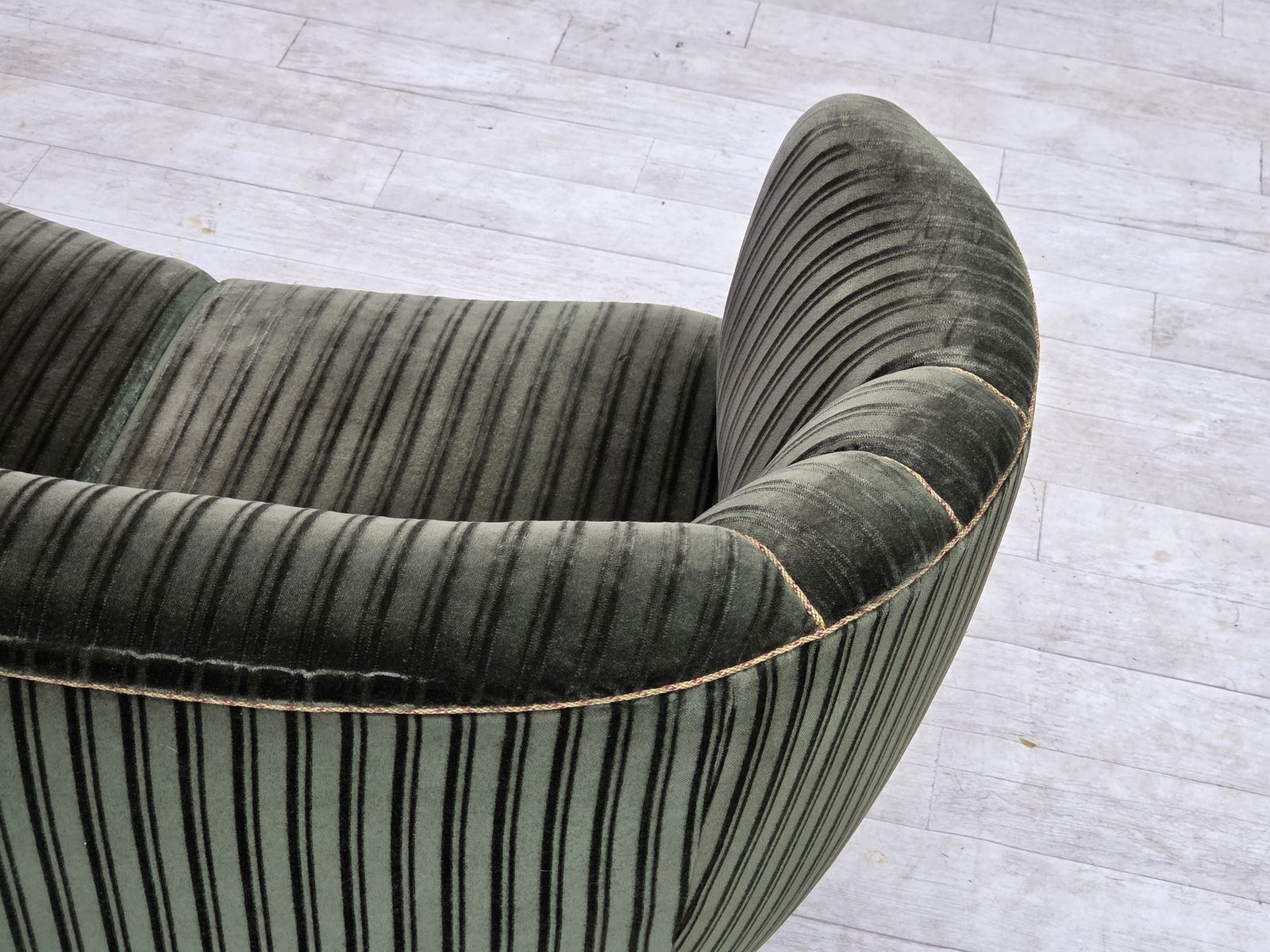 photo buy 1960s, Danish 2 Seater Curved Sofa, Furniture Velour, Oak Wood.