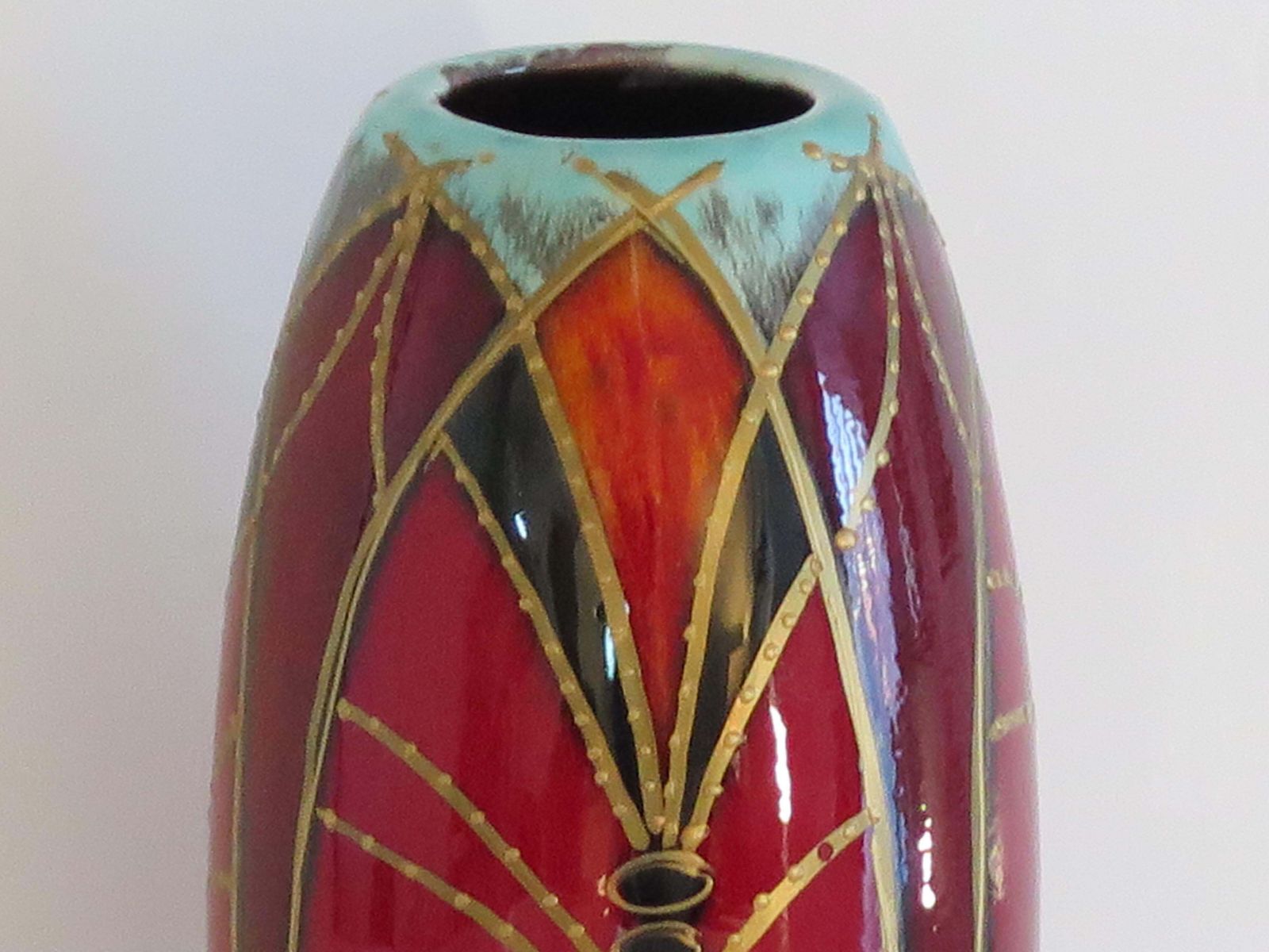 photo for sale Anita Harris Hand Painted Vase, Flambe Glaze, Geometric Design