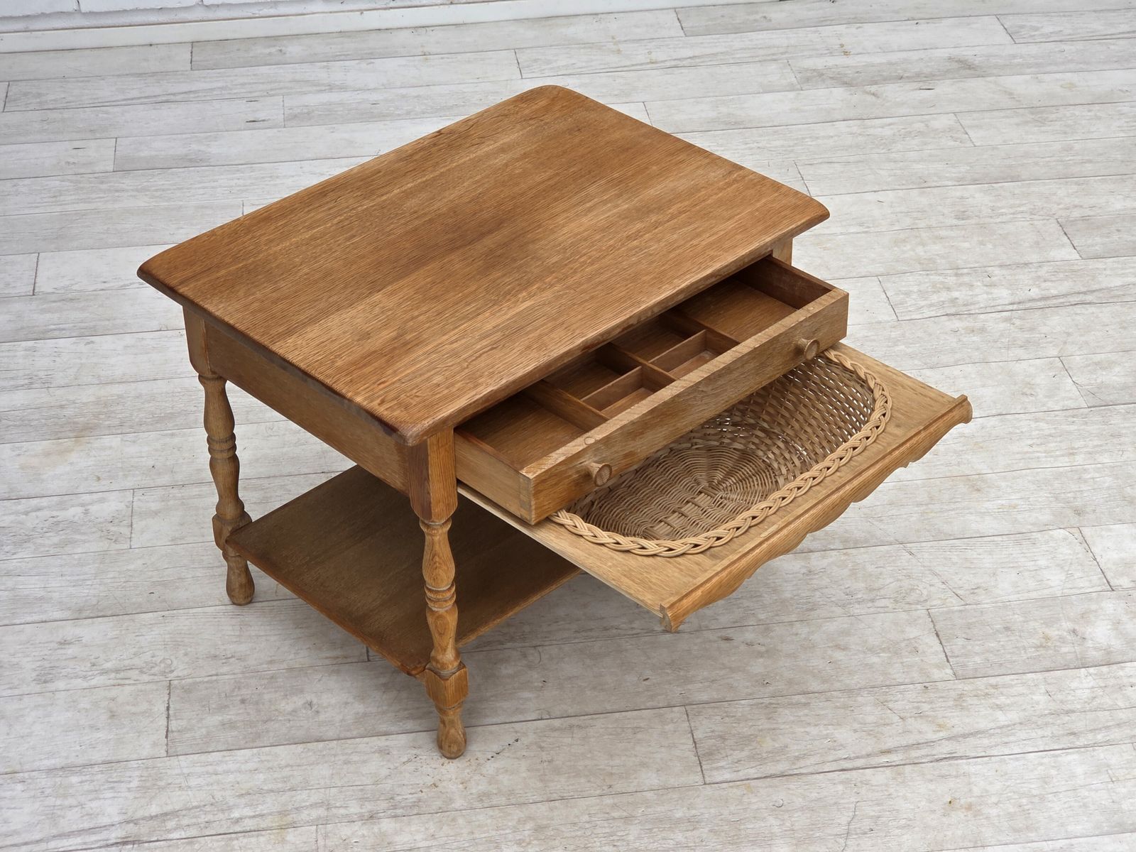 1970s, Scandinavian Side Table With Drawers, Solid Oak Wood, Rattan. photo vintage