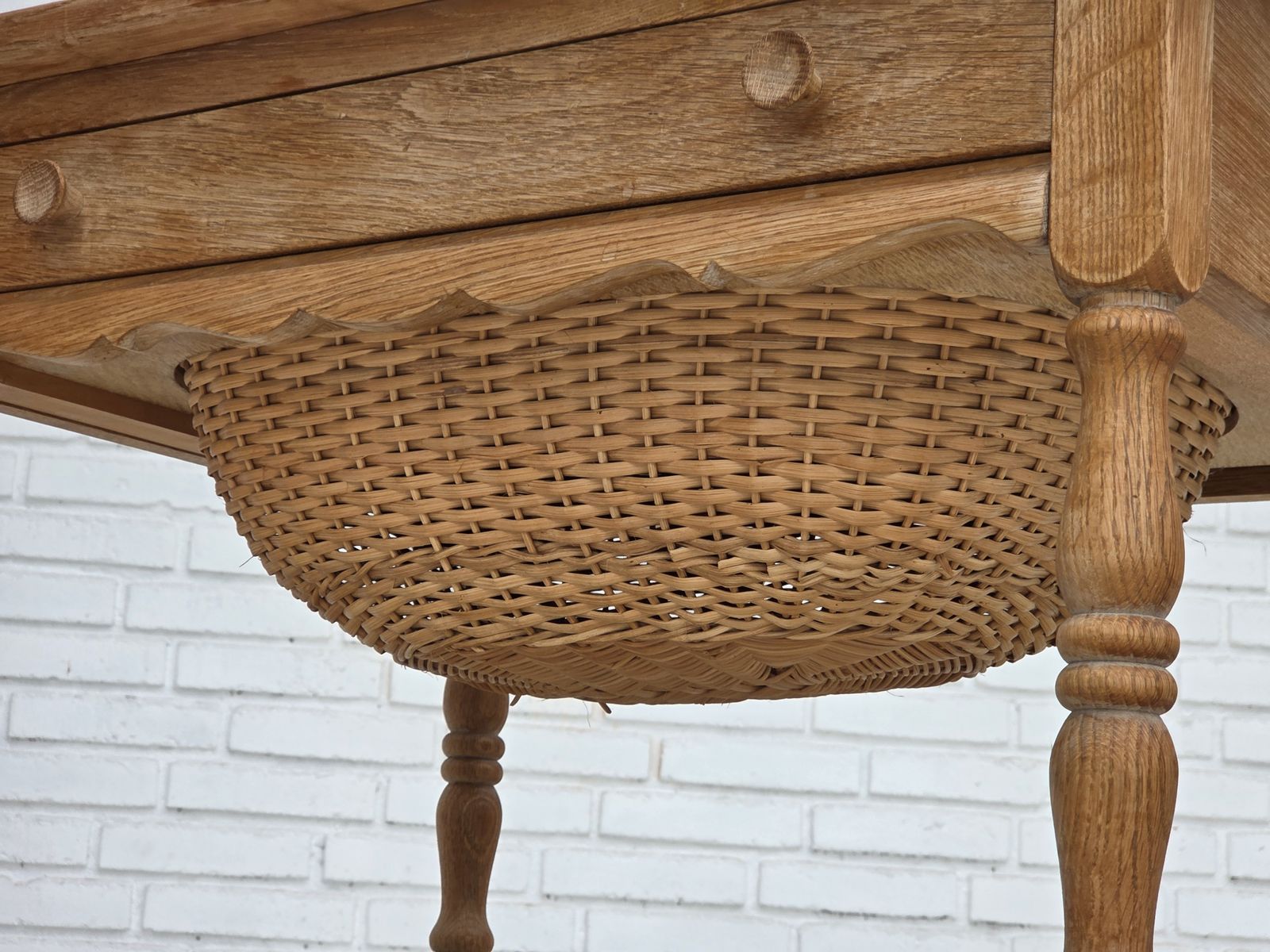 photo buy 1970s, Scandinavian Side Table With Drawers, Solid Oak Wood, Rattan.
