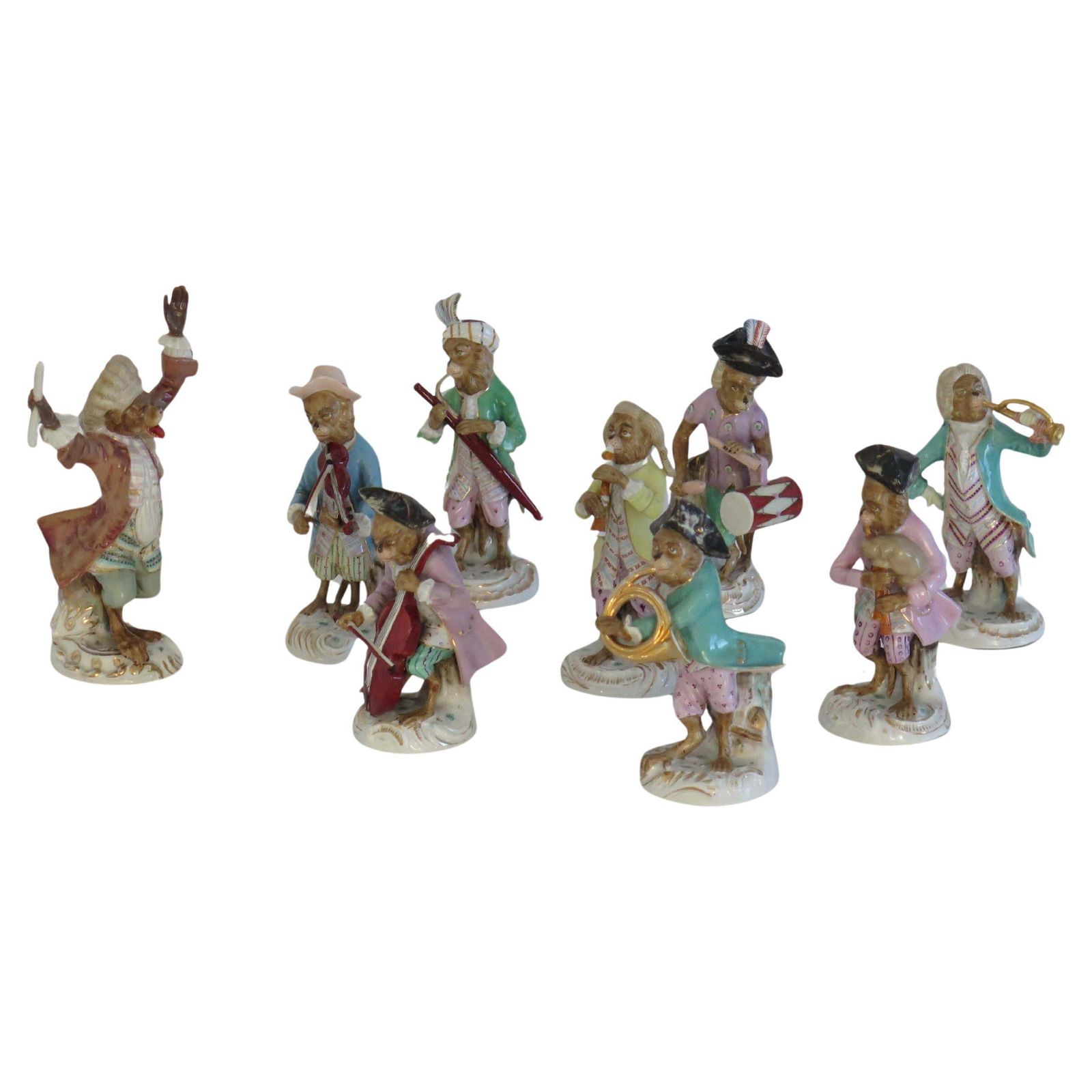 Sitzendorf Porcelain Monkey Band Figurines Set, 9 Pieces, ca. 1910