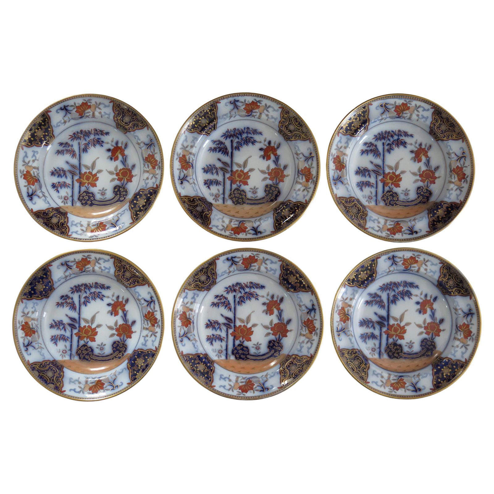 Set van zes antieke ironstone soepborden, bamboepatroon van Davenport, ca. 1815