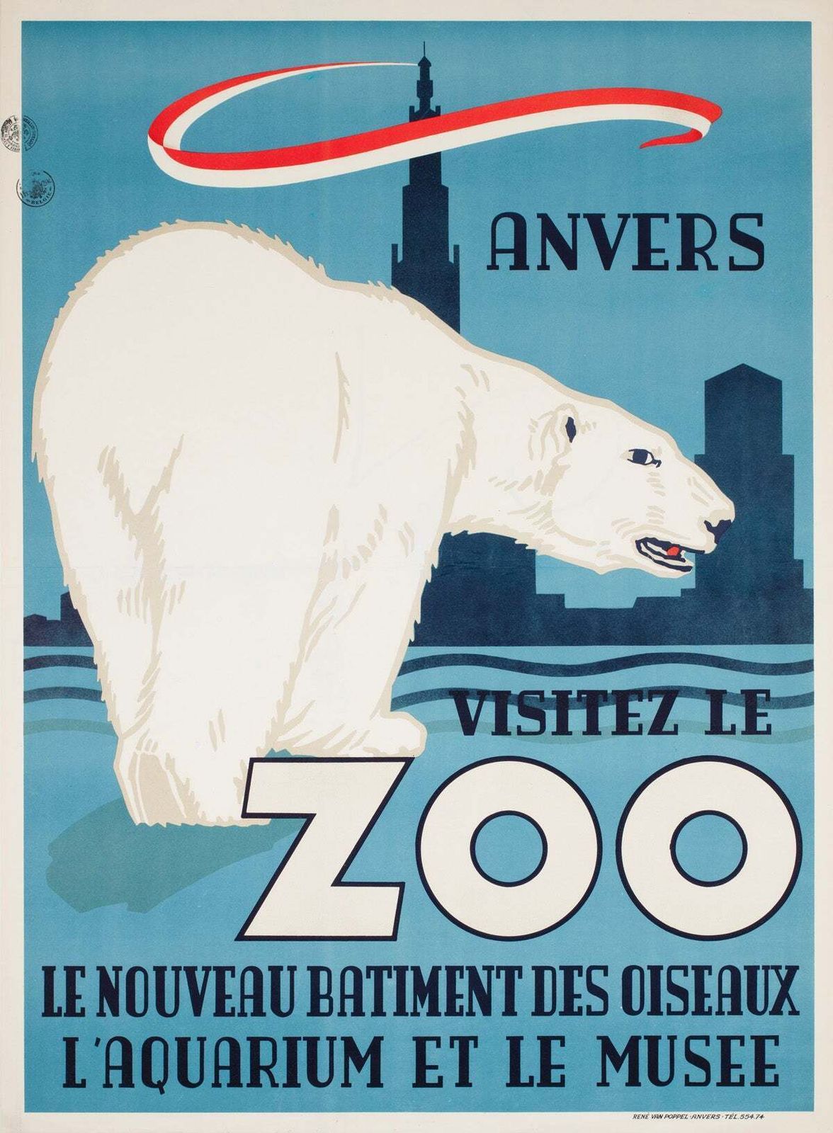 Antwerp Zoo Ijsbeer 1950 Grote Reclameposter.